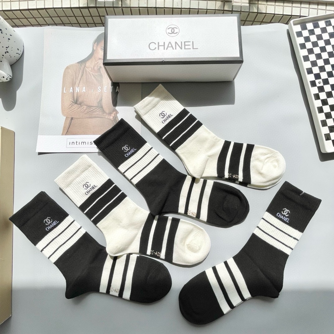 Chanel Women's Cotton Blend Mid-Calf Socks - Striped Design, Pack of 5 Pairs 4 i1733065087 8137 1
