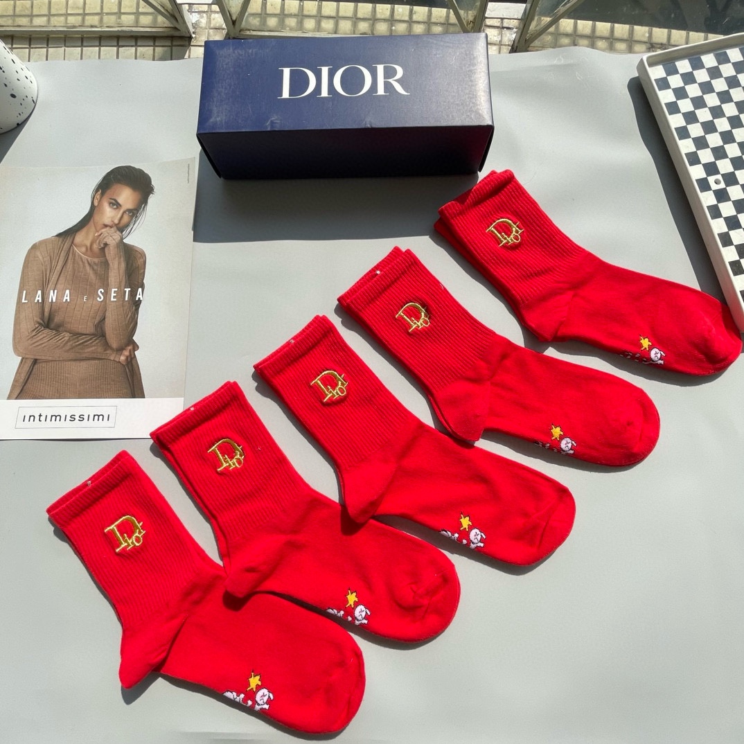 Luxury Sock Set by Dior and Gucci: Red Fire High-Barrel Embroidered Collection - 图片 2