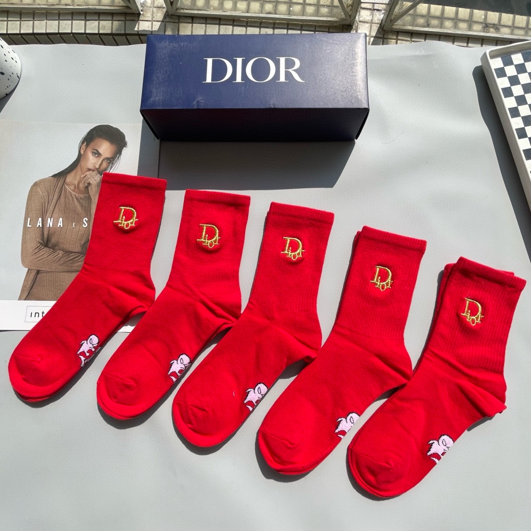 Luxury Sock Set by Dior and Gucci: Red Fire High-Barrel Embroidered Collection - 图片 7
