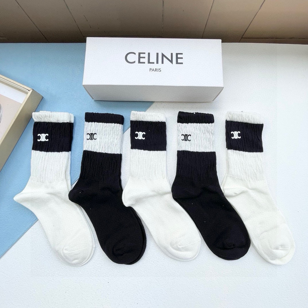  配包装【一盒五双】CELINE · 赛琳❗️高品质🔥超级爆款网红直筒袜子❗️ce家官网同步刺绣字母中筒