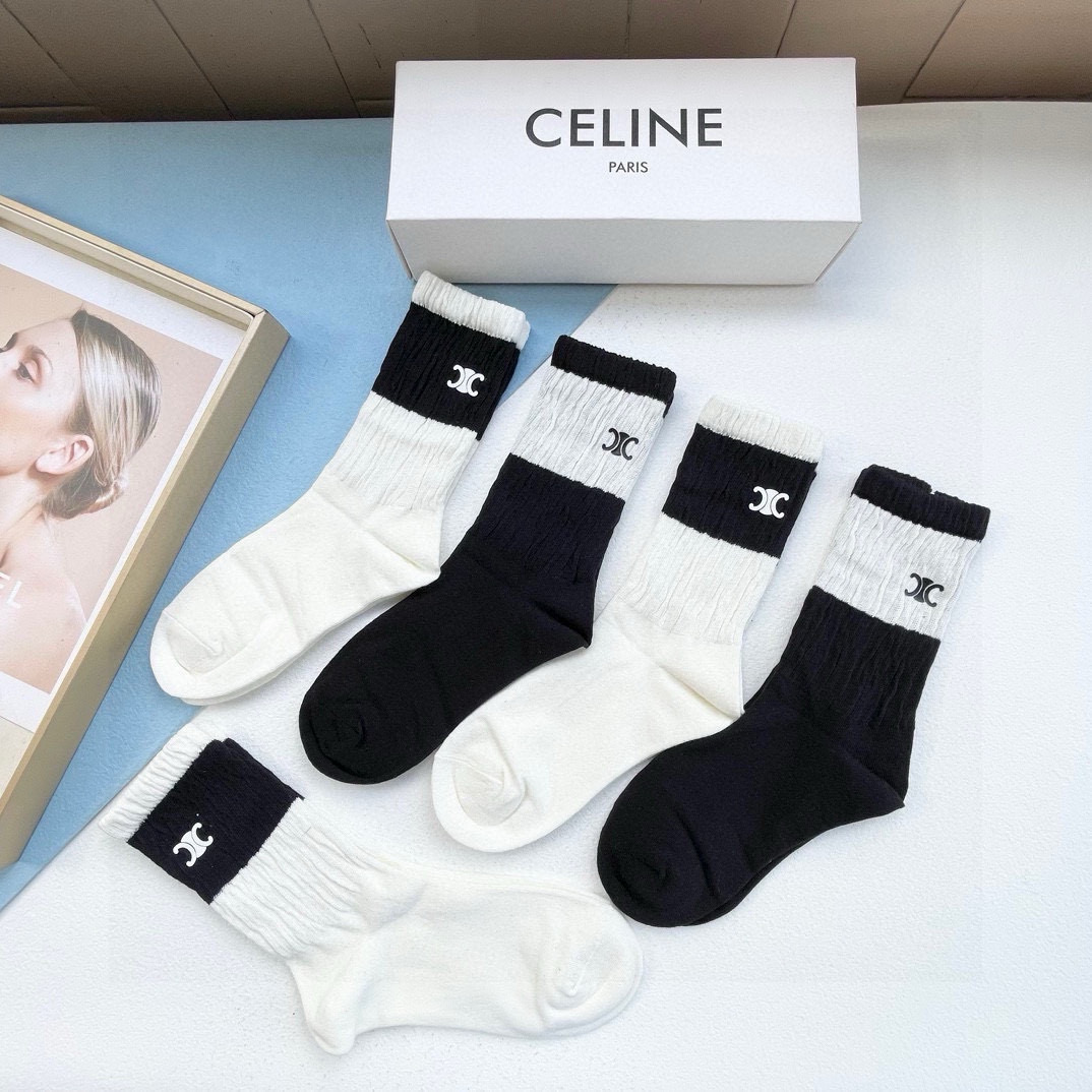  配包装【一盒五双】CELINE · 赛琳❗️高品质🔥超级爆款网红直筒袜子❗️ce家官网同步刺绣字母中筒
