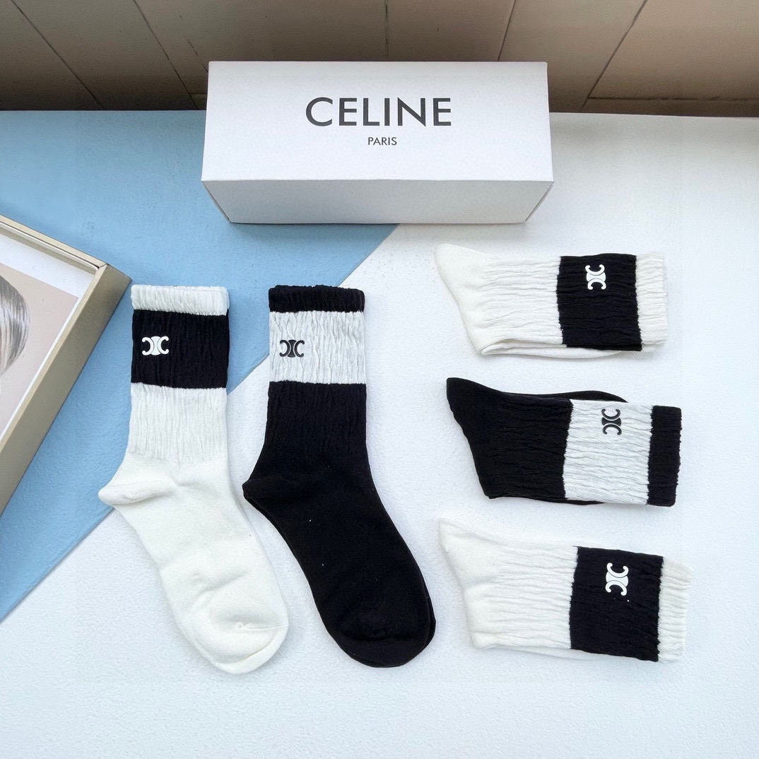  配包装【一盒五双】CELINE · 赛琳❗️高品质🔥超级爆款网红直筒袜子❗️ce家官网同步刺绣字母中筒
