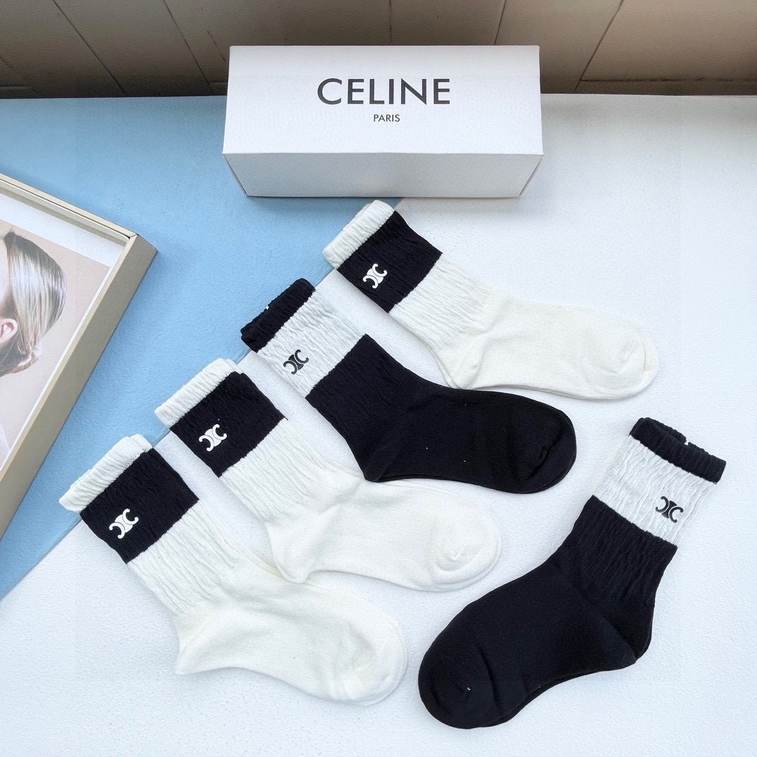  配包装【一盒五双】CELINE · 赛琳❗️高品质🔥超级爆款网红直筒袜子❗️ce家官网同步刺绣字母中筒