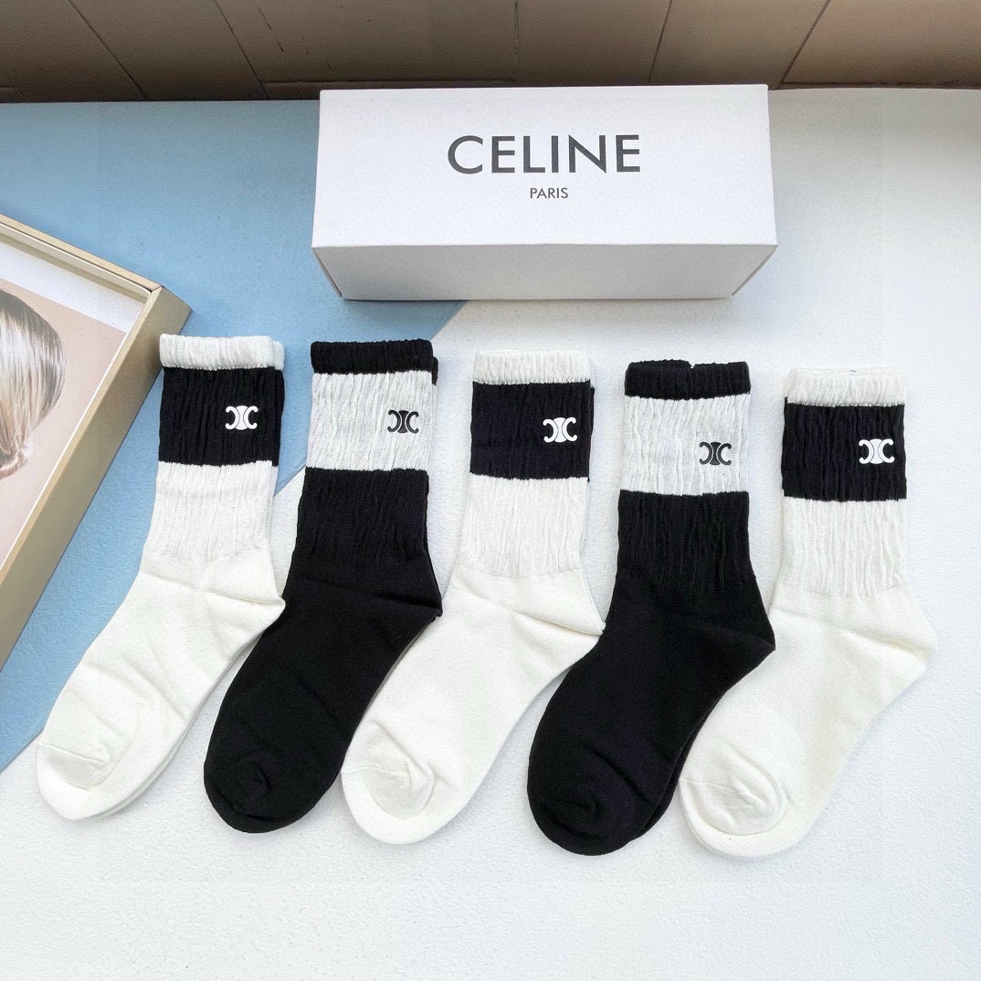  配包装【一盒五双】CELINE · 赛琳❗️高品质🔥超级爆款网红直筒袜子❗️ce家官网同步刺绣字母中筒