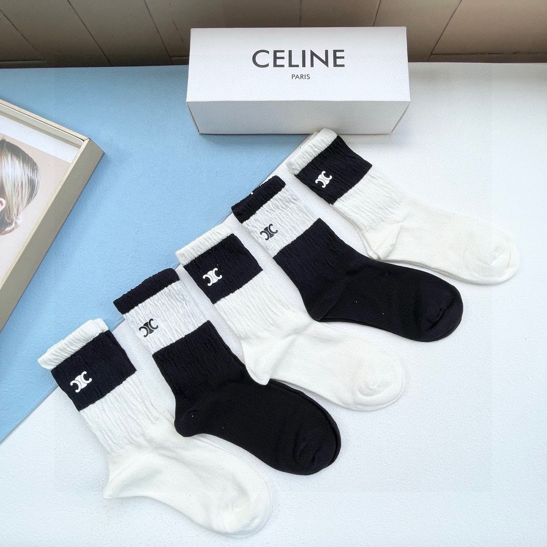  配包装【一盒五双】CELINE · 赛琳❗️高品质🔥超级爆款网红直筒袜子❗️ce家官网同步刺绣字母中筒