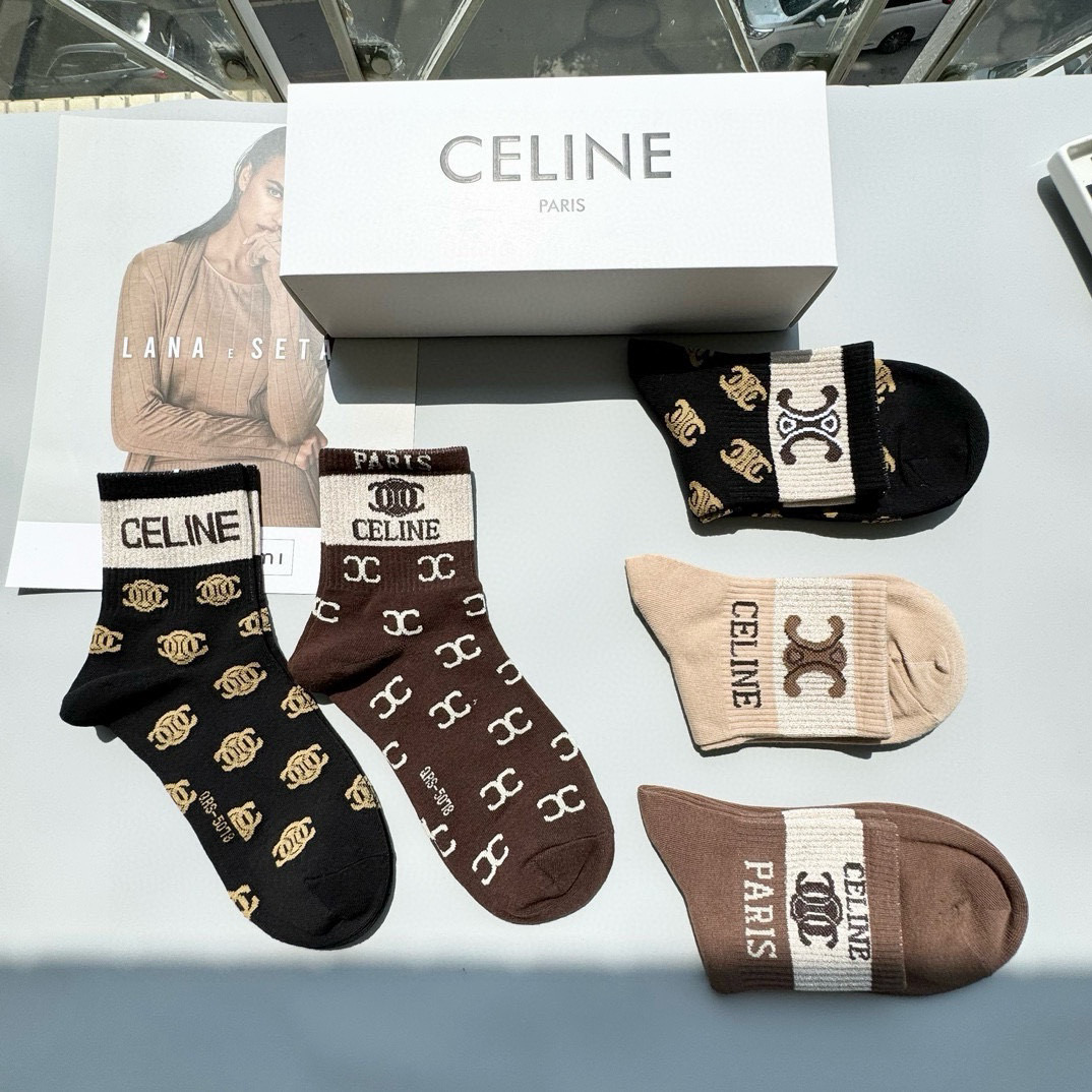  配包装【一盒五双】🌟Celine赛琳  爆款中筒袜🌟高版本 ～好看到爆炸 欧美大牌中筒袜🔥🌟潮人必不能