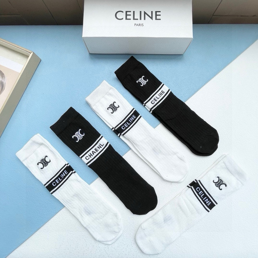  配包装【一盒五双】CELINE · 赛琳❗️高品质🔥超级爆款网红直筒袜子❗️ce家官网同步刺绣字母中筒