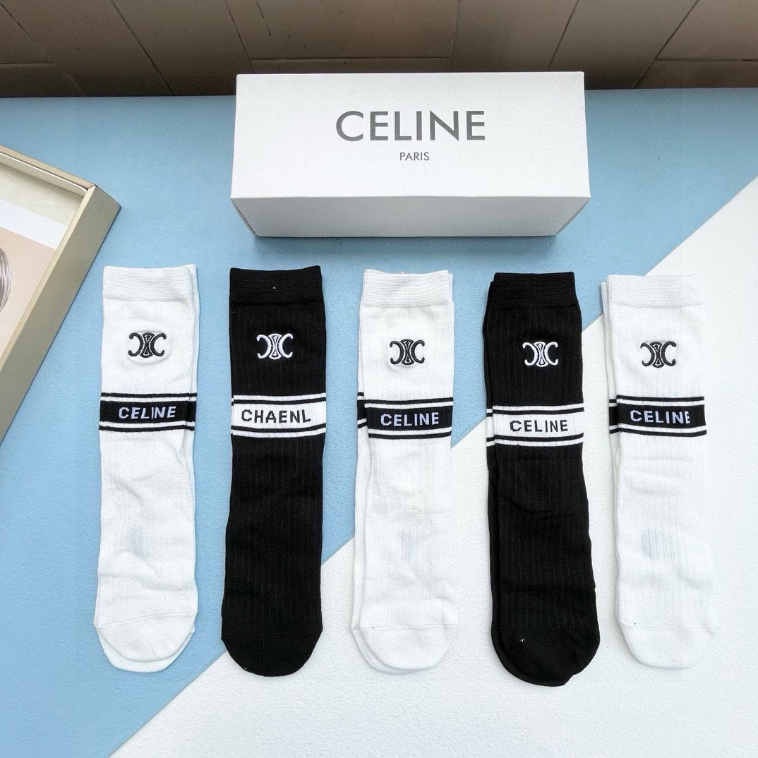  配包装【一盒五双】CELINE · 赛琳❗️高品质🔥超级爆款网红直筒袜子❗️ce家官网同步刺绣字母中筒