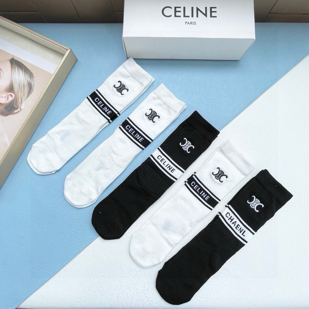 配包装【一盒五双】CELINE · 赛琳❗️高品质🔥超级爆款网红直筒袜子❗️ce家官网同步刺绣字母中筒