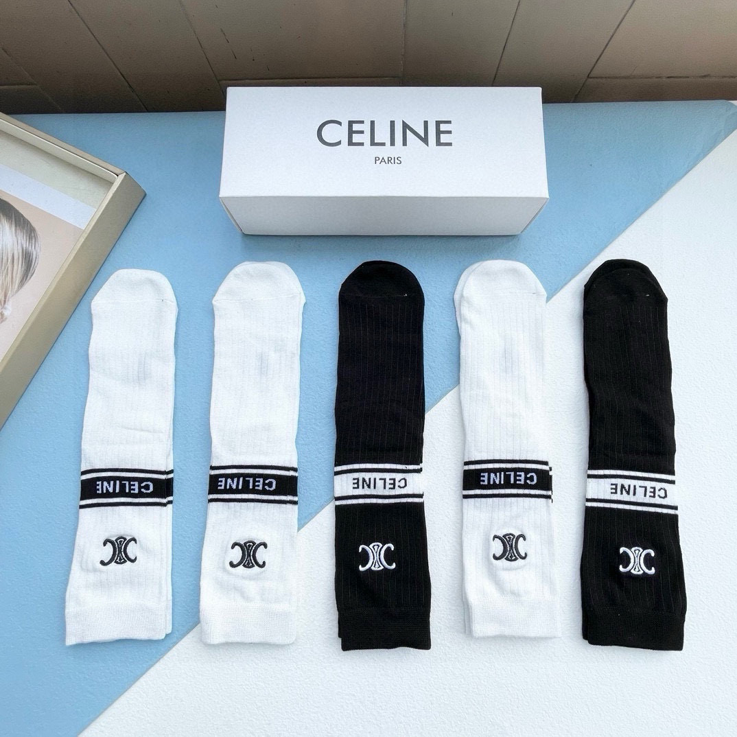  配包装【一盒五双】CELINE · 赛琳❗️高品质🔥超级爆款网红直筒袜子❗️ce家官网同步刺绣字母中筒