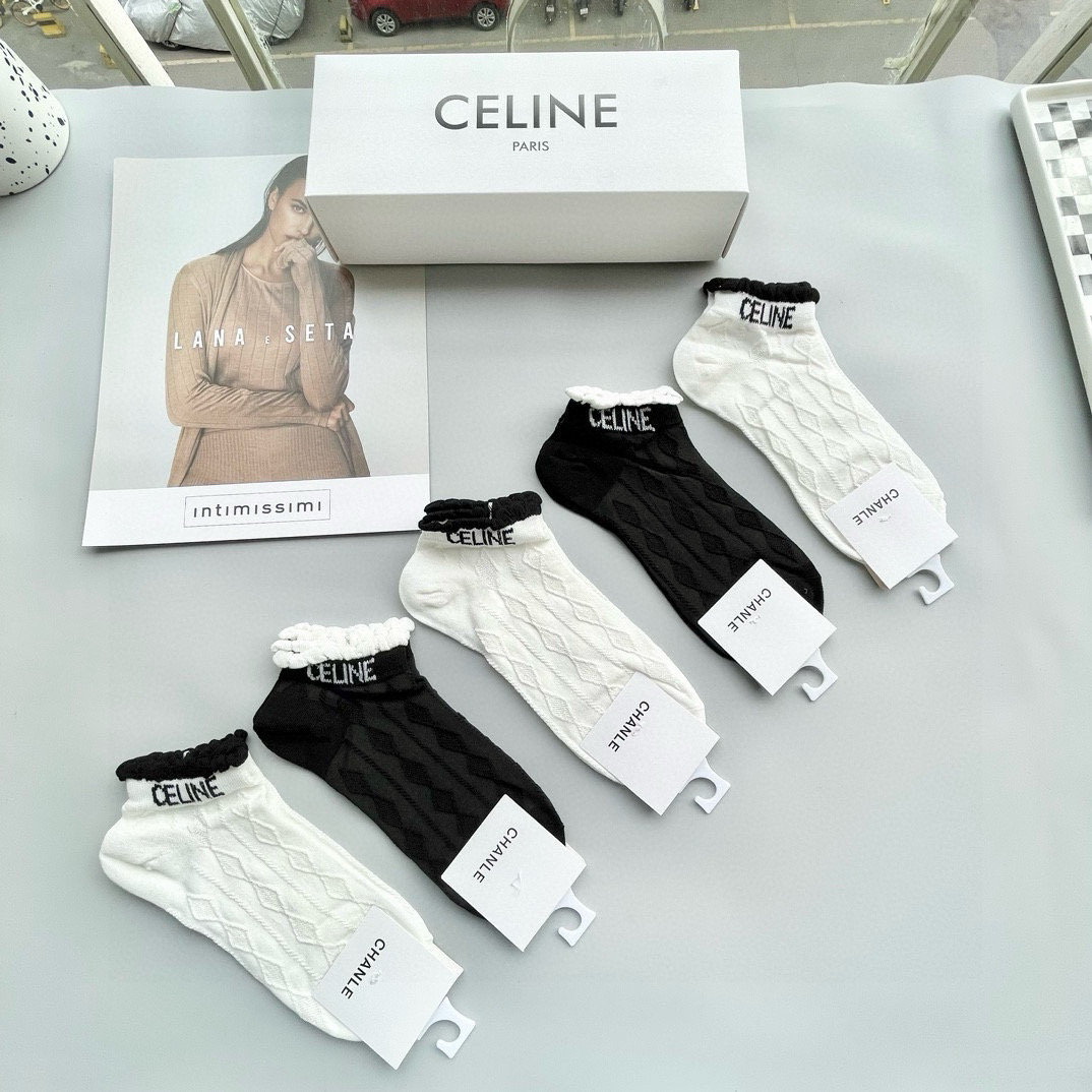  配包装【一盒五双】🌟Celine赛琳  爆款船袜🌟高版本 ～好看到爆炸 欧美大牌船袜🔥🌟潮人必不能少的