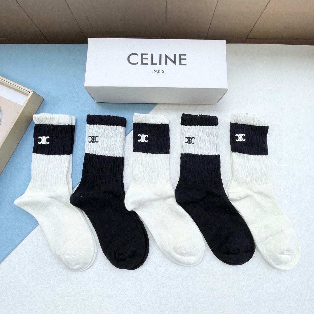  配包装【一盒五双】CELINE · 赛琳❗️高品质🔥超级爆款网红直筒袜子❗️ce家官网同步刺绣字母中筒