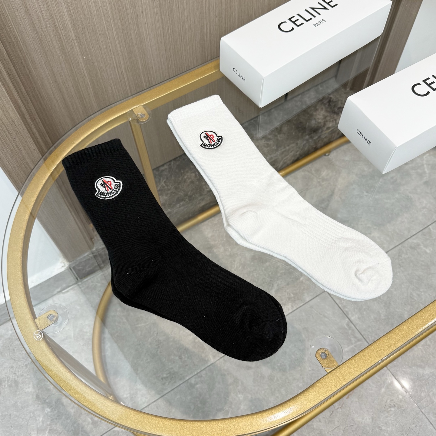 配包装【一盒二双】MONCLER · 蒙口❗️超级爆款网红袜子❗️M家官网同步刺绣字母小腿袜毛巾袜，in