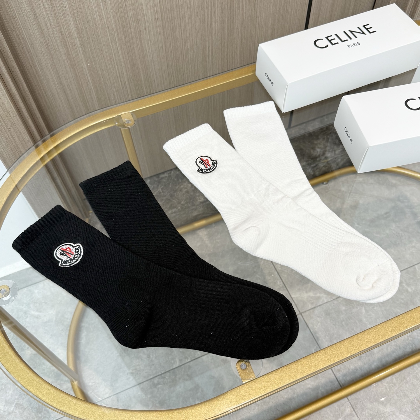 配包装【一盒二双】MONCLER · 蒙口❗️超级爆款网红袜子❗️M家官网同步刺绣字母小腿袜毛巾袜，in
