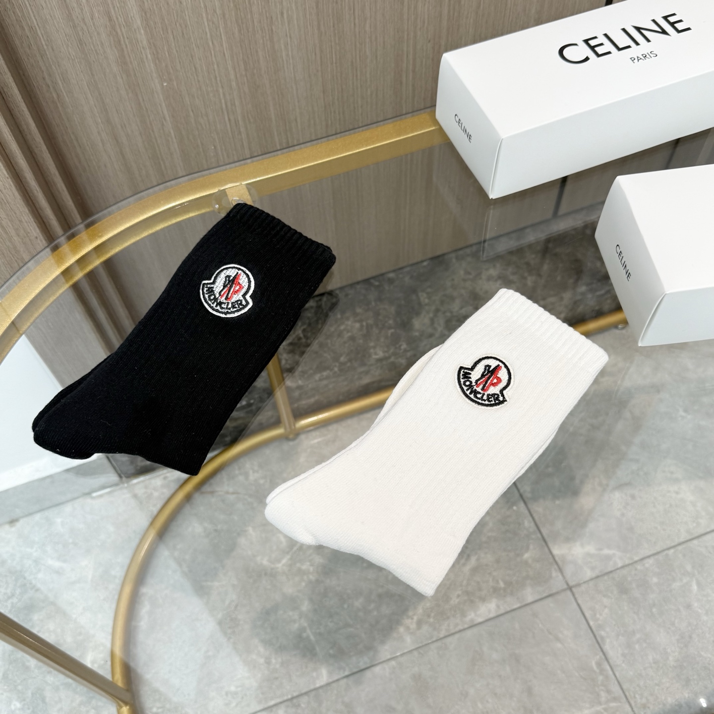 配包装【一盒二双】MONCLER · 蒙口❗️超级爆款网红袜子❗️M家官网同步刺绣字母小腿袜毛巾袜，in