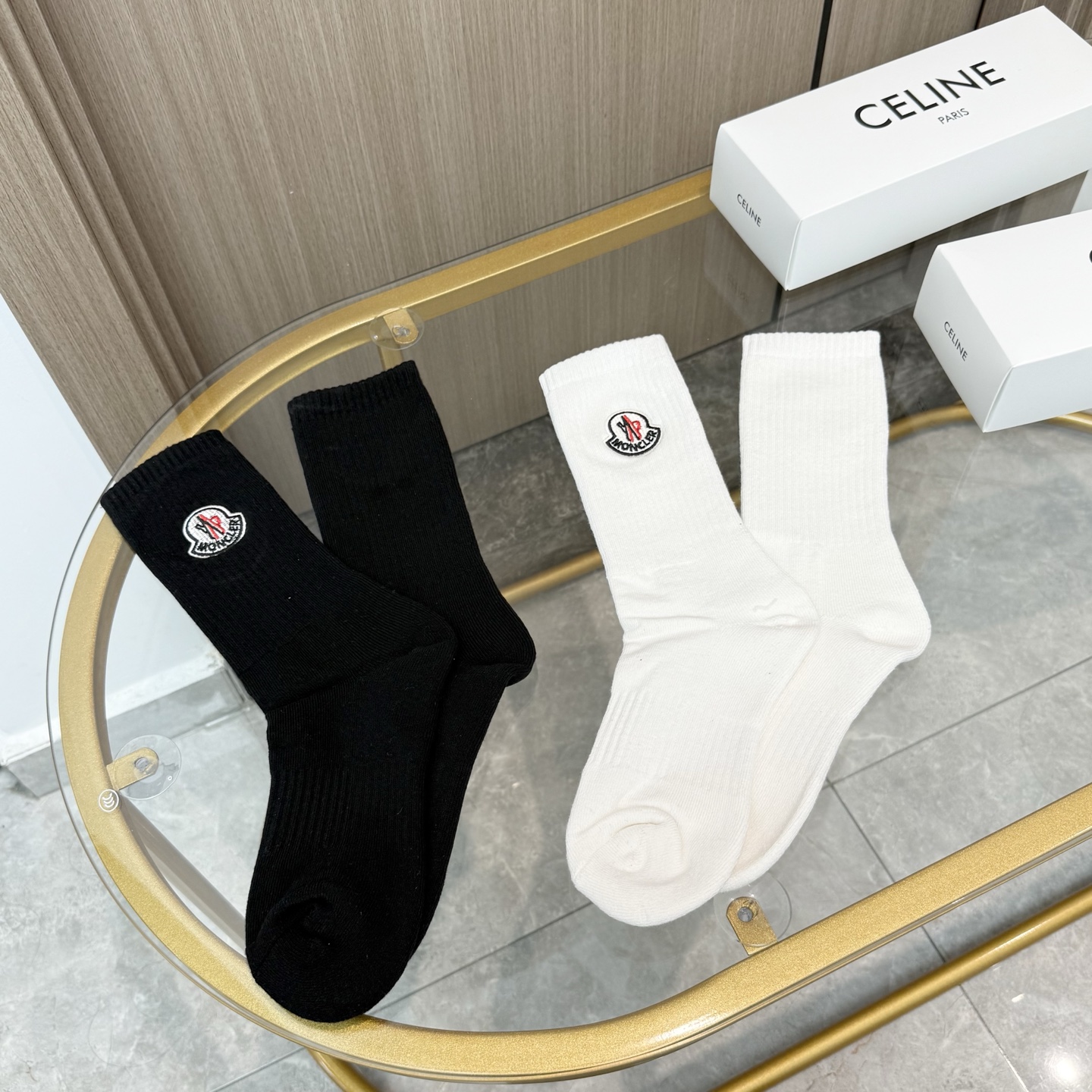配包装【一盒二双】MONCLER · 蒙口❗️超级爆款网红袜子❗️M家官网同步刺绣字母小腿袜毛巾袜，in