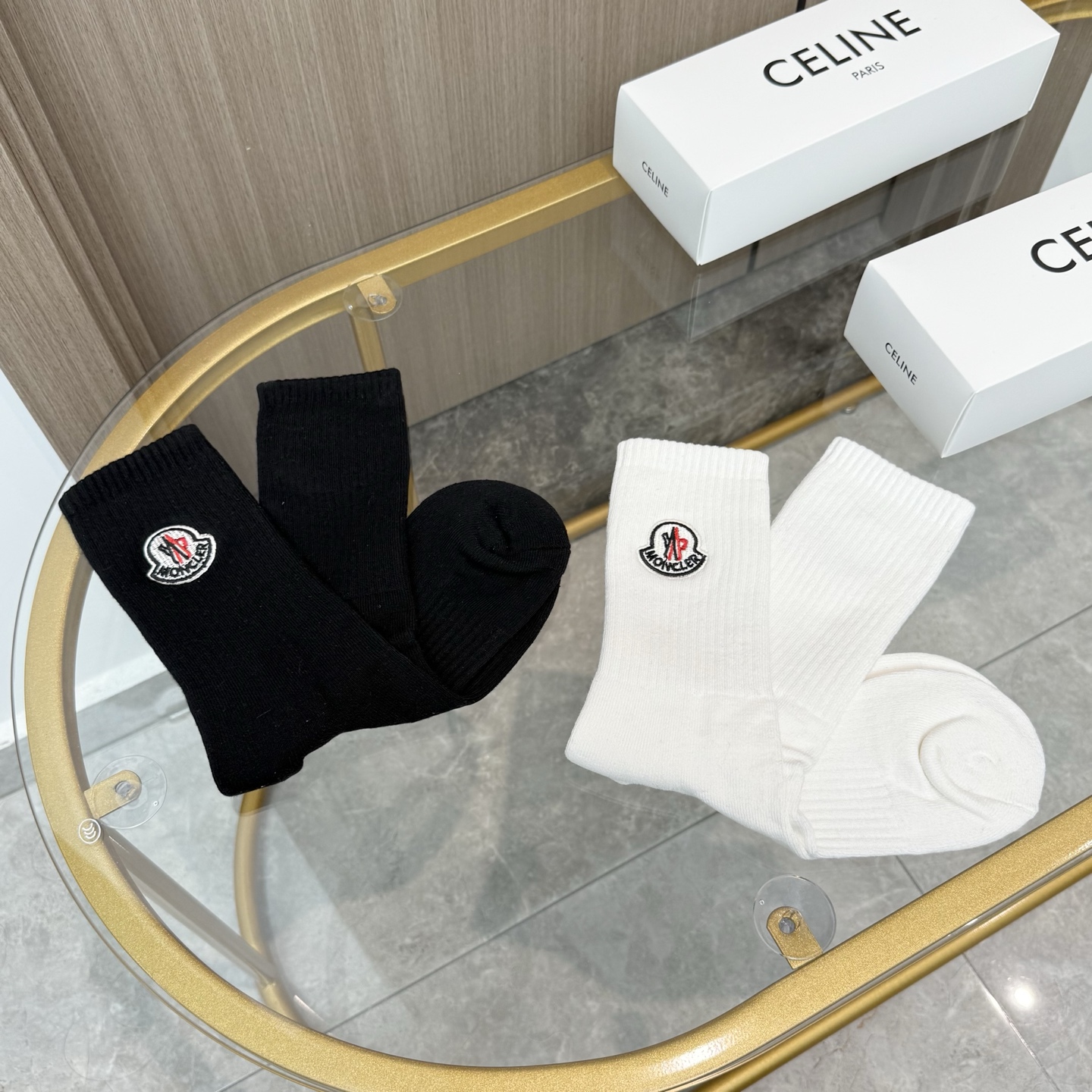 配包装【一盒二双】MONCLER · 蒙口❗️超级爆款网红袜子❗️M家官网同步刺绣字母小腿袜毛巾袜，in