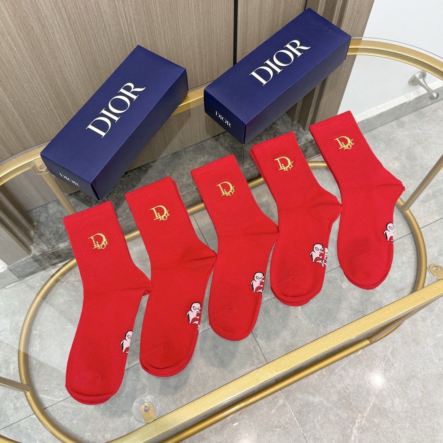 配包装【一盒五双】✨DIOR 古奇🔥红红火火过年袜💓专柜同款字母 男女款刺绣高筒袜子❗️专柜同步上新，超