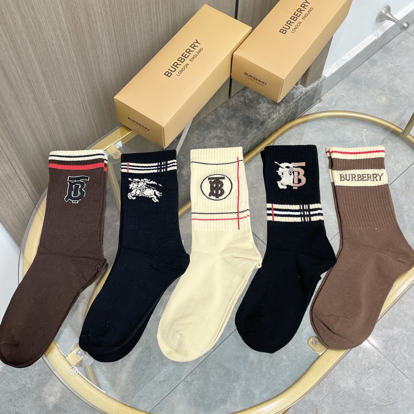 配包装【一盒五双】巴宝莉专柜最新款刺绣TB袜子❗️巴家专柜同步中长袜，经典战马网红爆款袜子INS高端潮袜