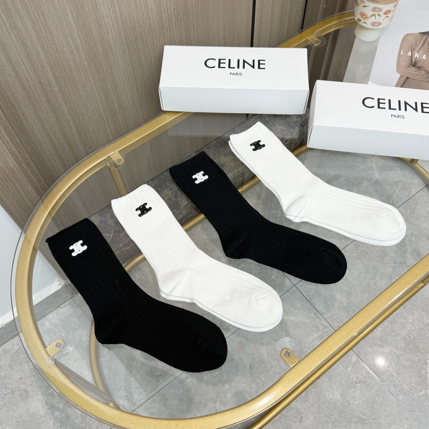 配包装【一盒四双】CELINE · 赛琳❗️高品质🔥超级爆款网红袜子❗️小香家官网同步烫印字母中筒袜，i