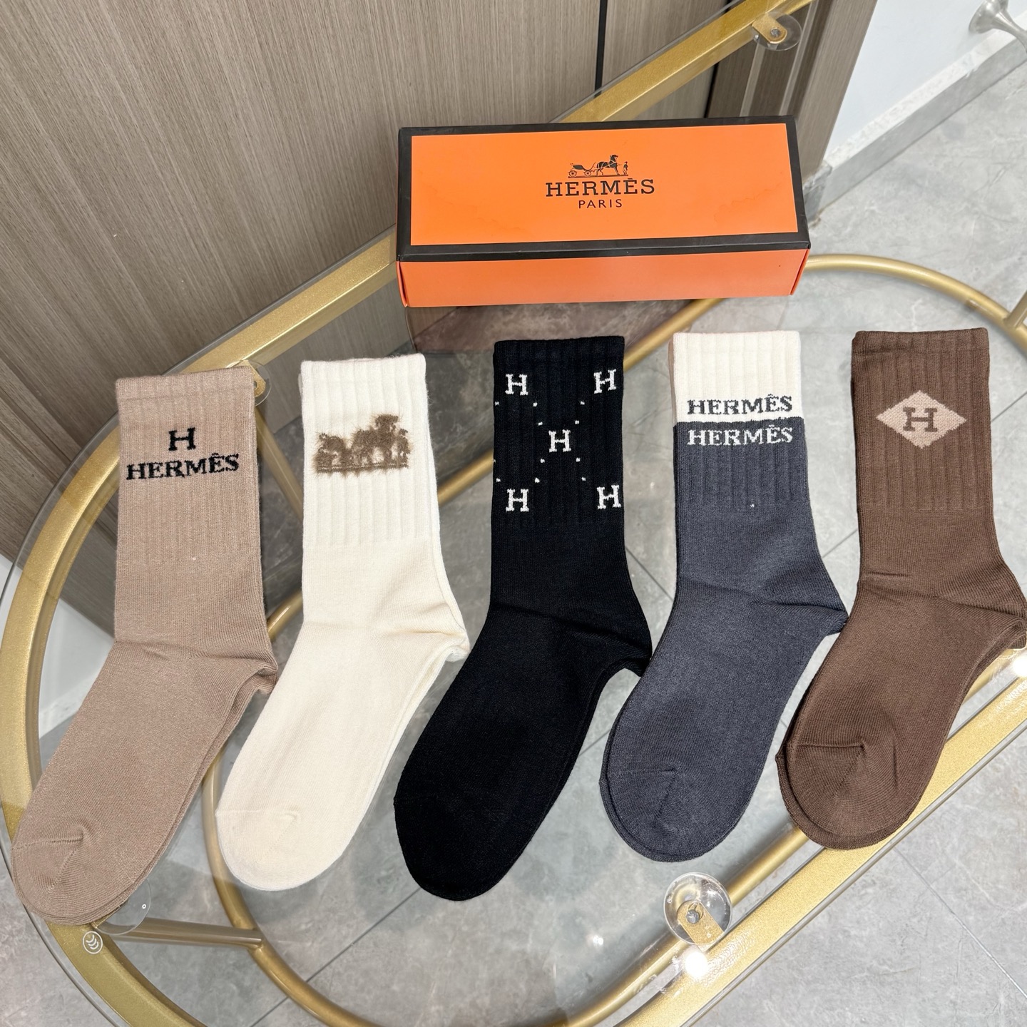 配包装 【一盒五双】HERMER · 爱马仕经典中筒羊绒袜子❗️羊绒面料，专柜同步上新，袜身提花H品牌字