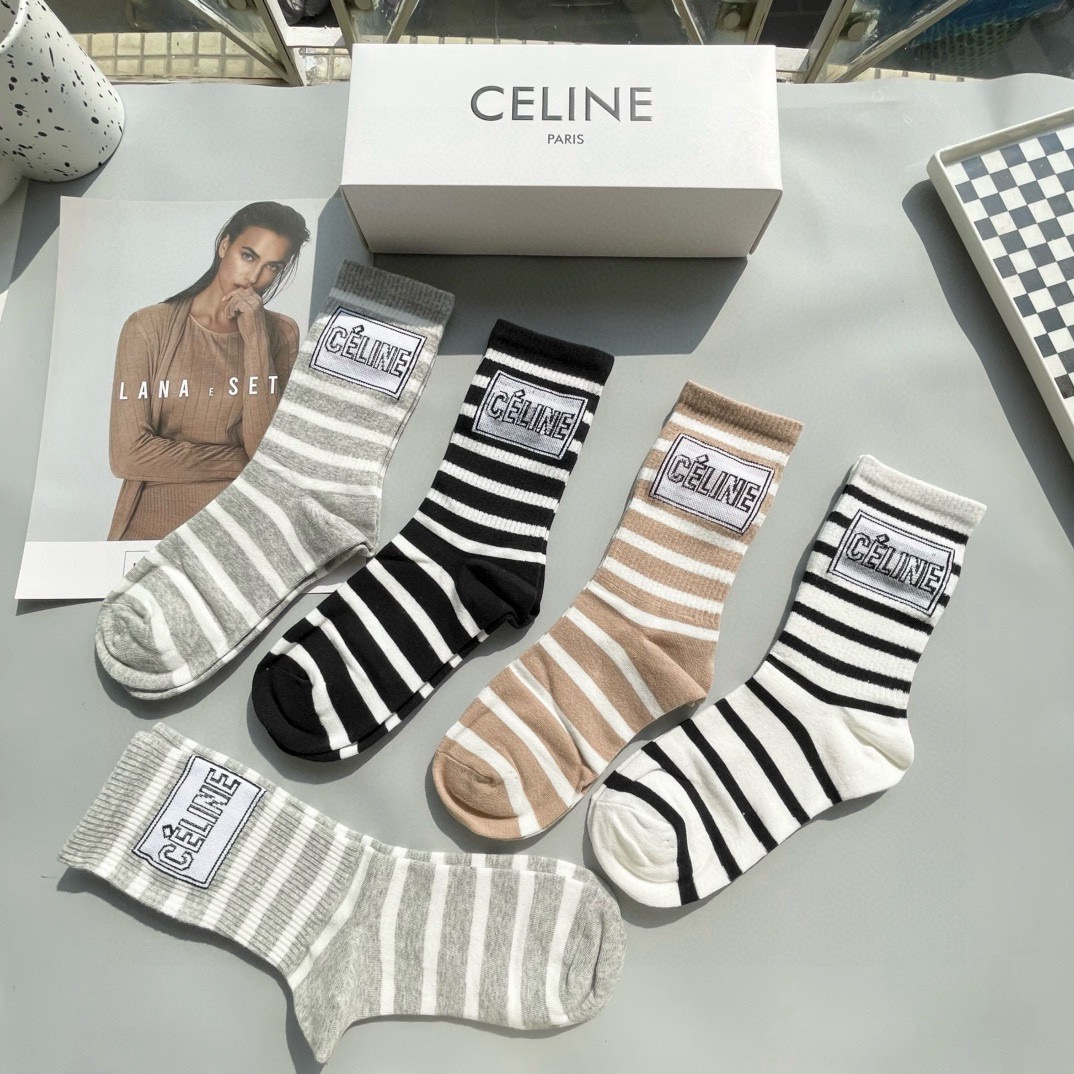 配包装【一盒五双】CELINE · 赛琳❗️高品质🔥超级爆款网红袜子❗️ce家官网同步刺绣字母中筒袜，i