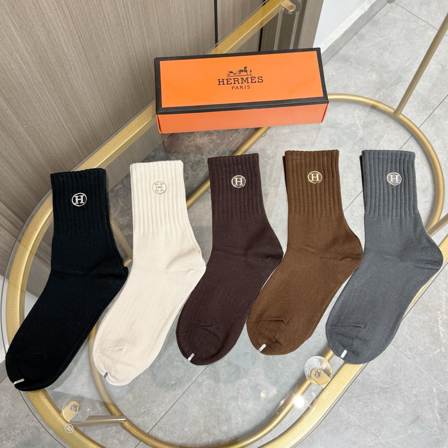 配包装 【一盒五双】HERMER · 爱马仕经典中筒羊绒袜子❗️羊绒面料，专柜同步上新，袜身提花H品牌字