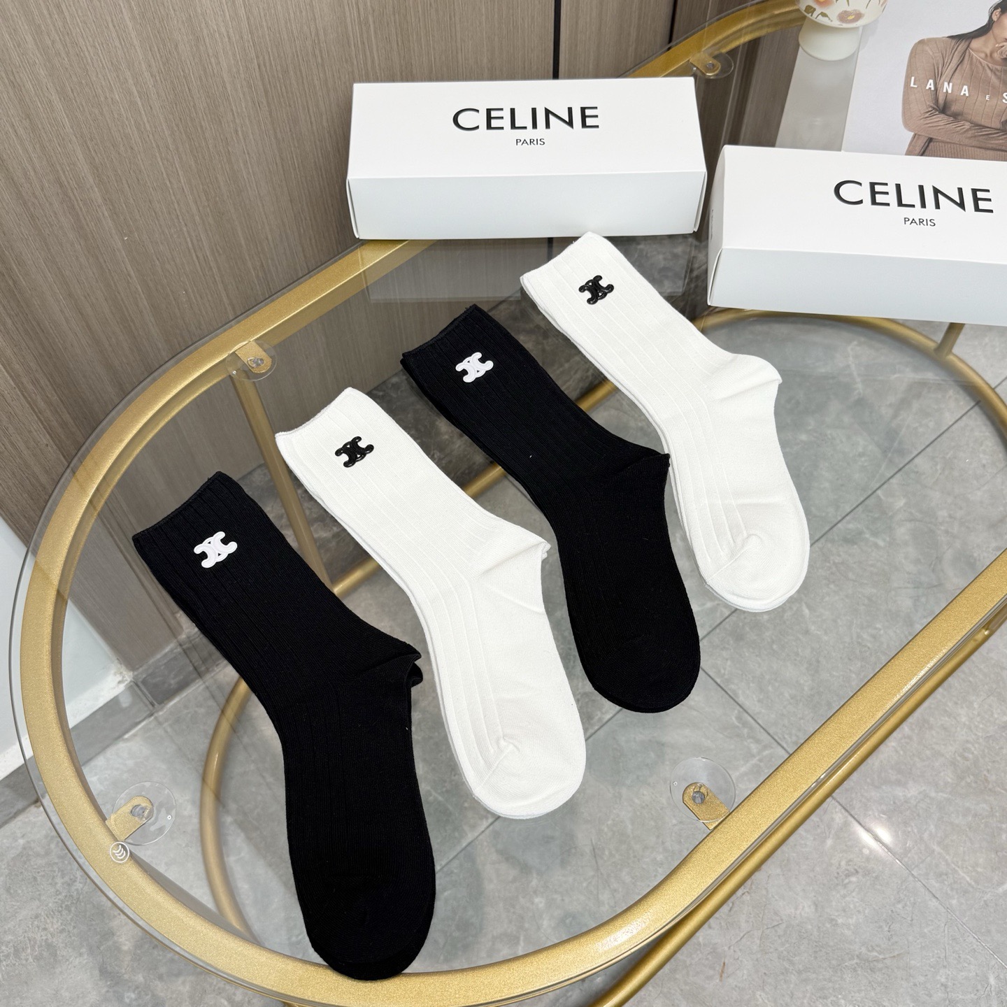 配包装【一盒四双】CELINE · 赛琳❗️高品质🔥超级爆款网红袜子❗️小香家官网同步烫印字母中筒袜，i