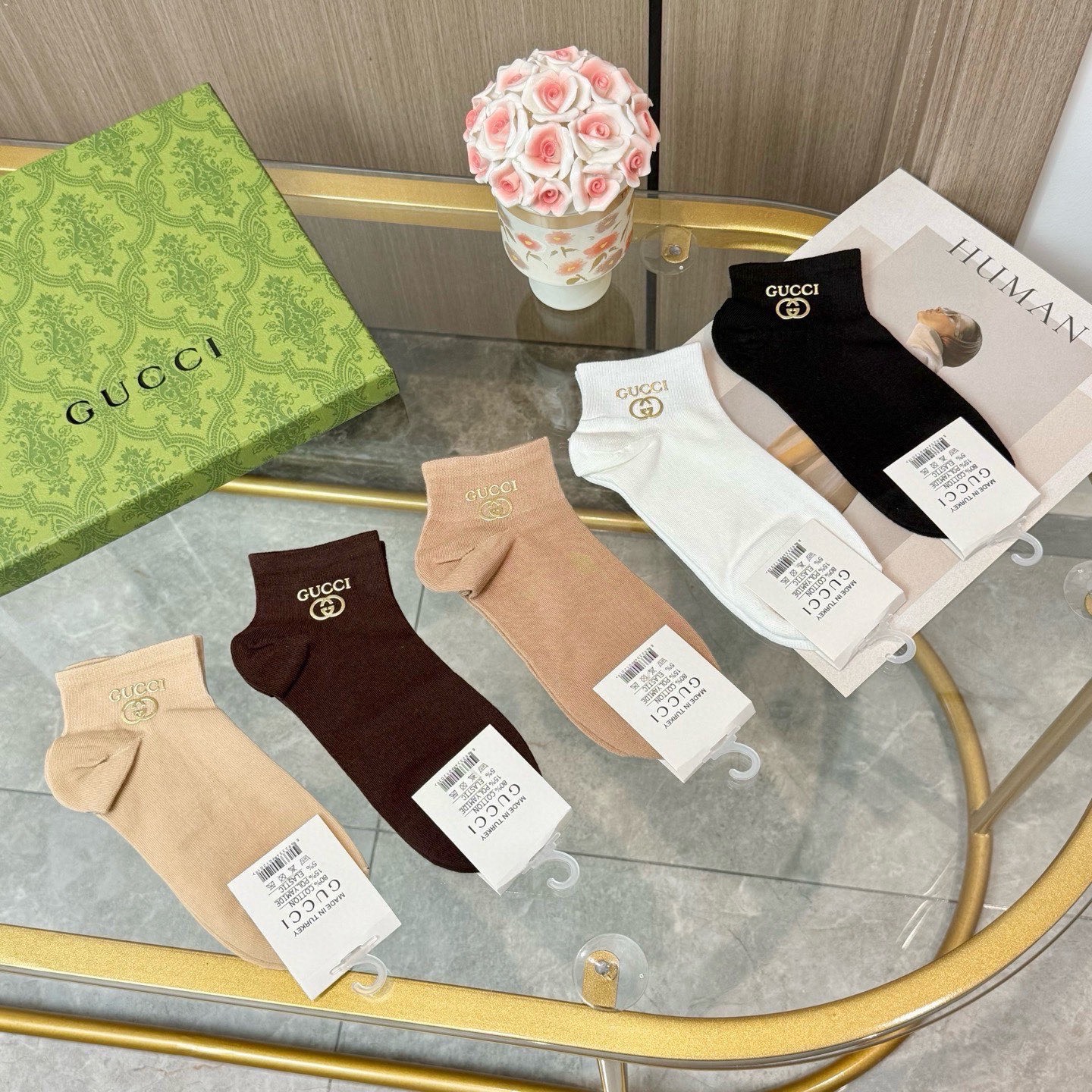 配包装【一盒五双】GUCCI · 古奇❗️GUCCI家新品烫金短筒男女款袜子❗️专柜同步长袜，超级经典的