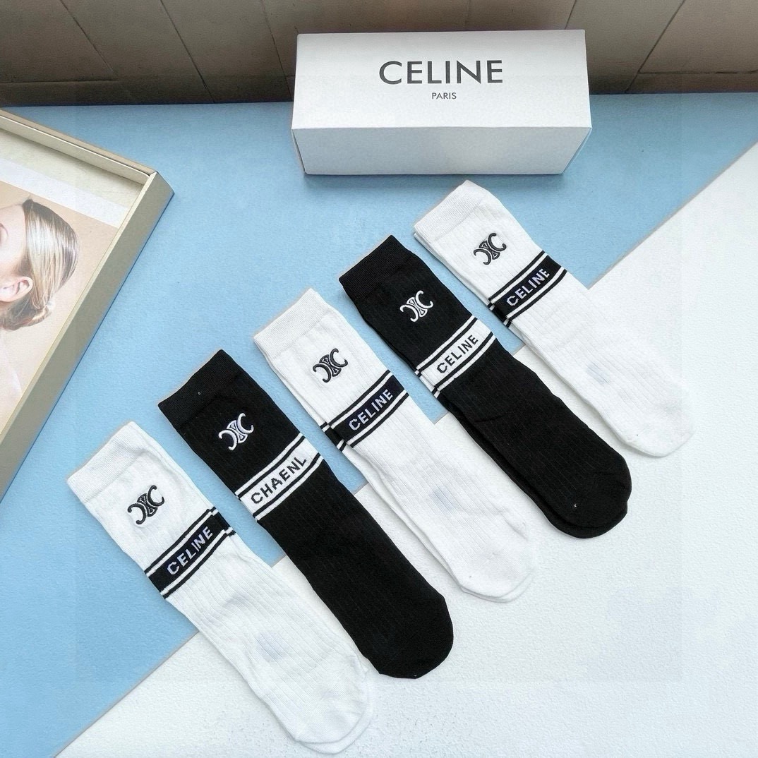 配包装【一盒五双】CELINE · 赛琳❗️高品质🔥超级爆款网红直筒袜子❗️ce家官网同步刺绣字母中筒袜