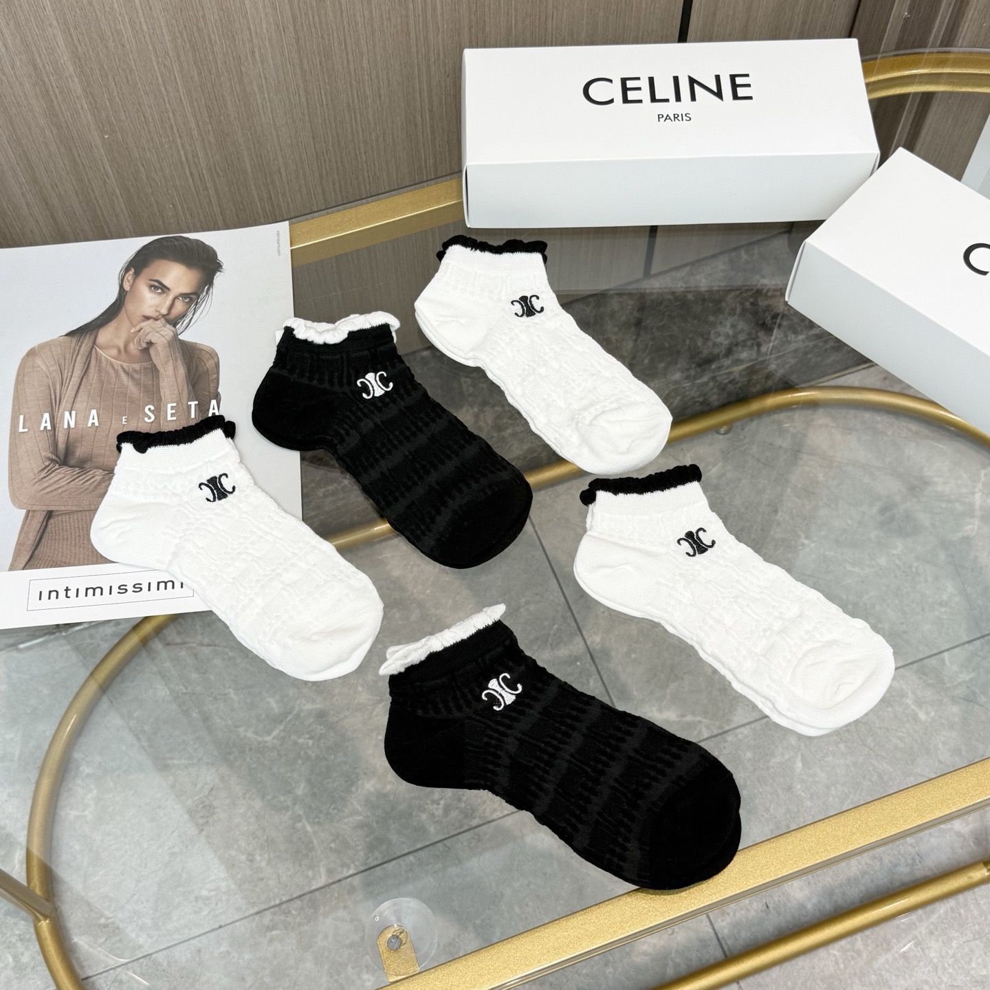 配包装【一盒五双】🌟Celine赛琳 爆款船袜🌟高版本 ～好看到爆炸 欧美大牌船袜🔥🌟潮人必不能少的专柜