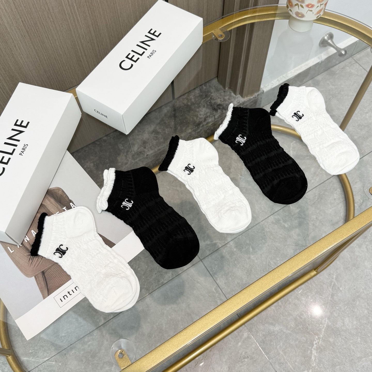 配包装【一盒五双】🌟Celine赛琳 爆款船袜🌟高版本 ～好看到爆炸 欧美大牌船袜🔥🌟潮人必不能少的专柜