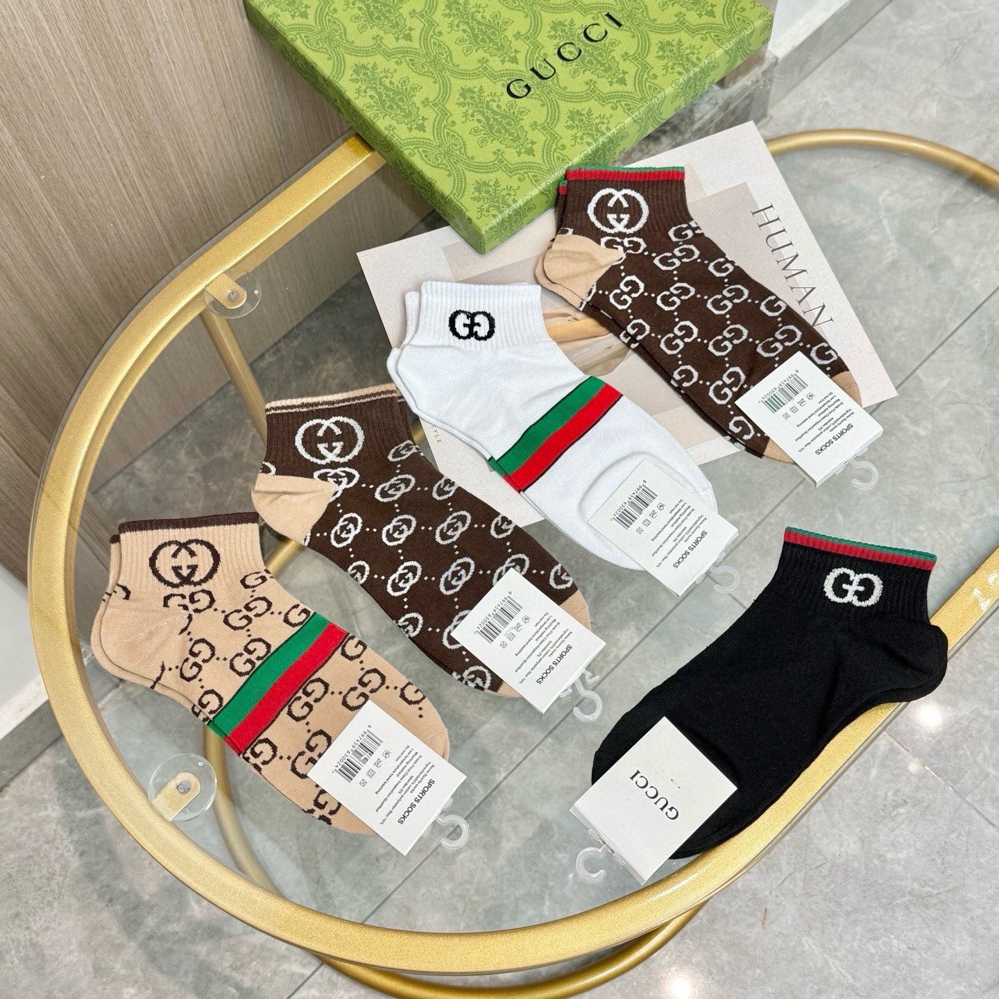 配包装【一盒五双】🌟GUCCI古奇🌟高版本 ～好看到爆炸 欧美大牌男女款船袜🔥🌟潮人必不能少的专柜代购品
