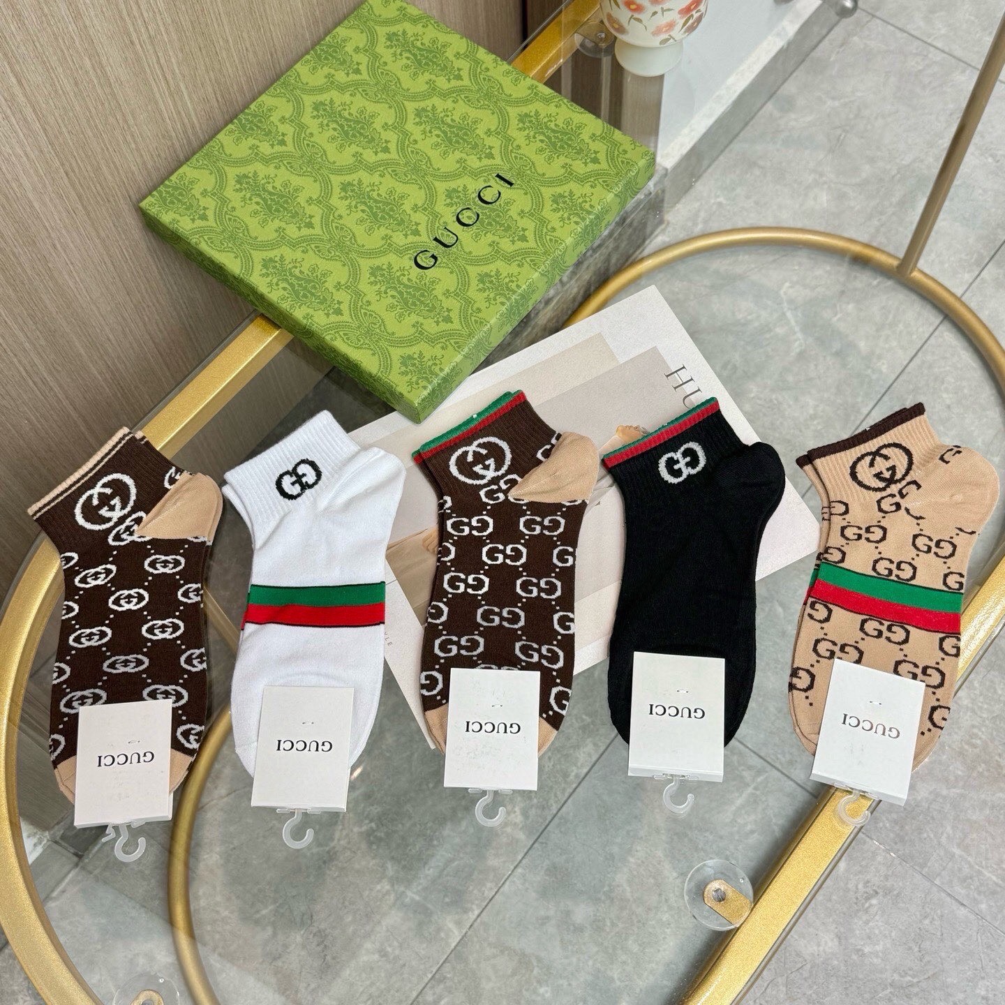 配包装【一盒五双】🌟GUCCI古奇🌟高版本 ～好看到爆炸 欧美大牌男女款船袜🔥🌟潮人必不能少的专柜代购品