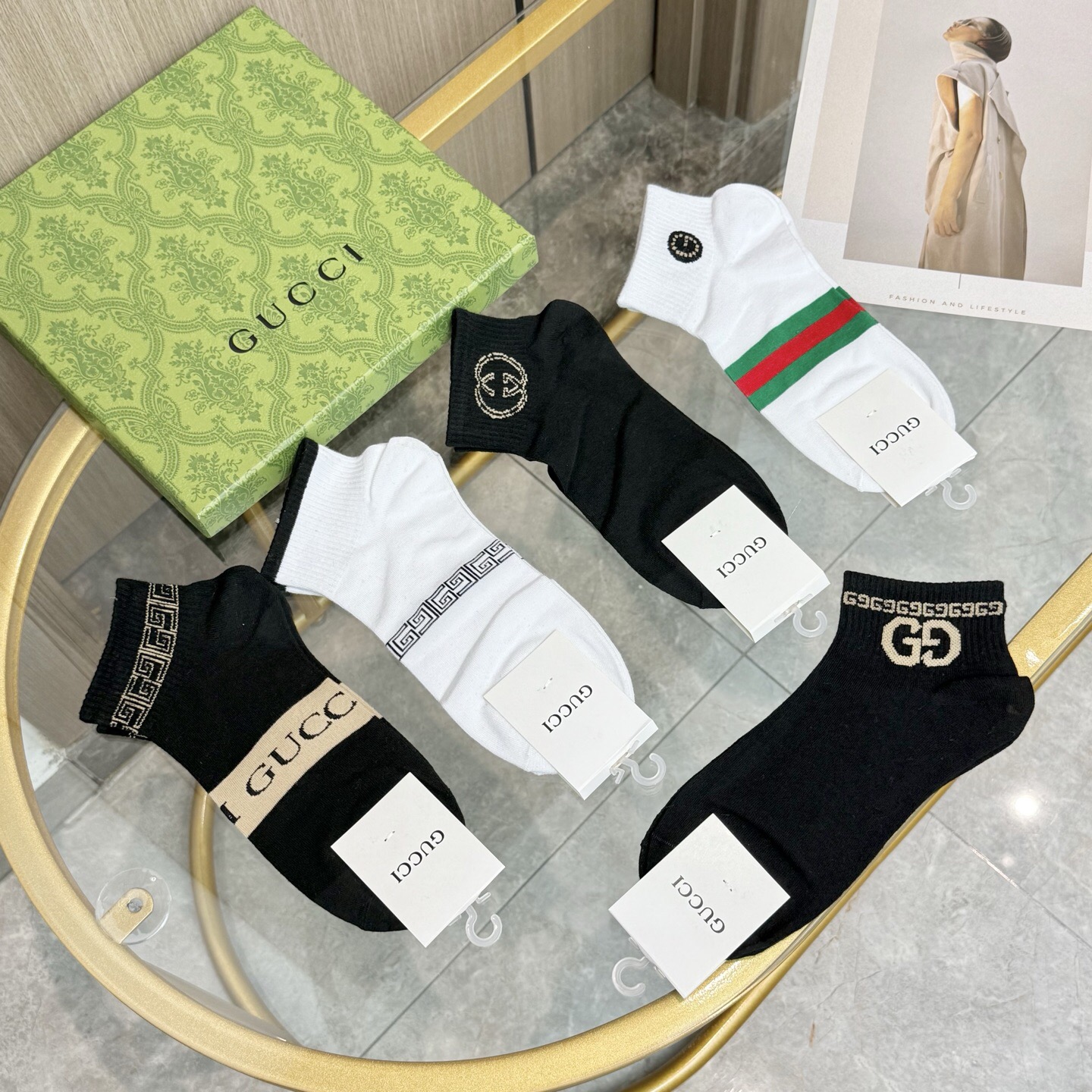 配包装【一盒五双】🌟GUCCI古奇🌟高版本 ～好看到爆炸 欧美大牌男女款船袜🔥🌟潮人必不能少的专柜代购品