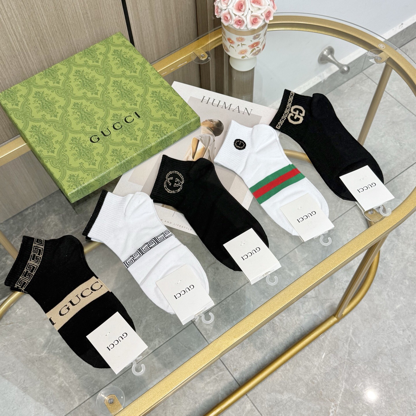 配包装【一盒五双】🌟GUCCI古奇🌟高版本 ～好看到爆炸 欧美大牌男女款船袜🔥🌟潮人必不能少的专柜代购品