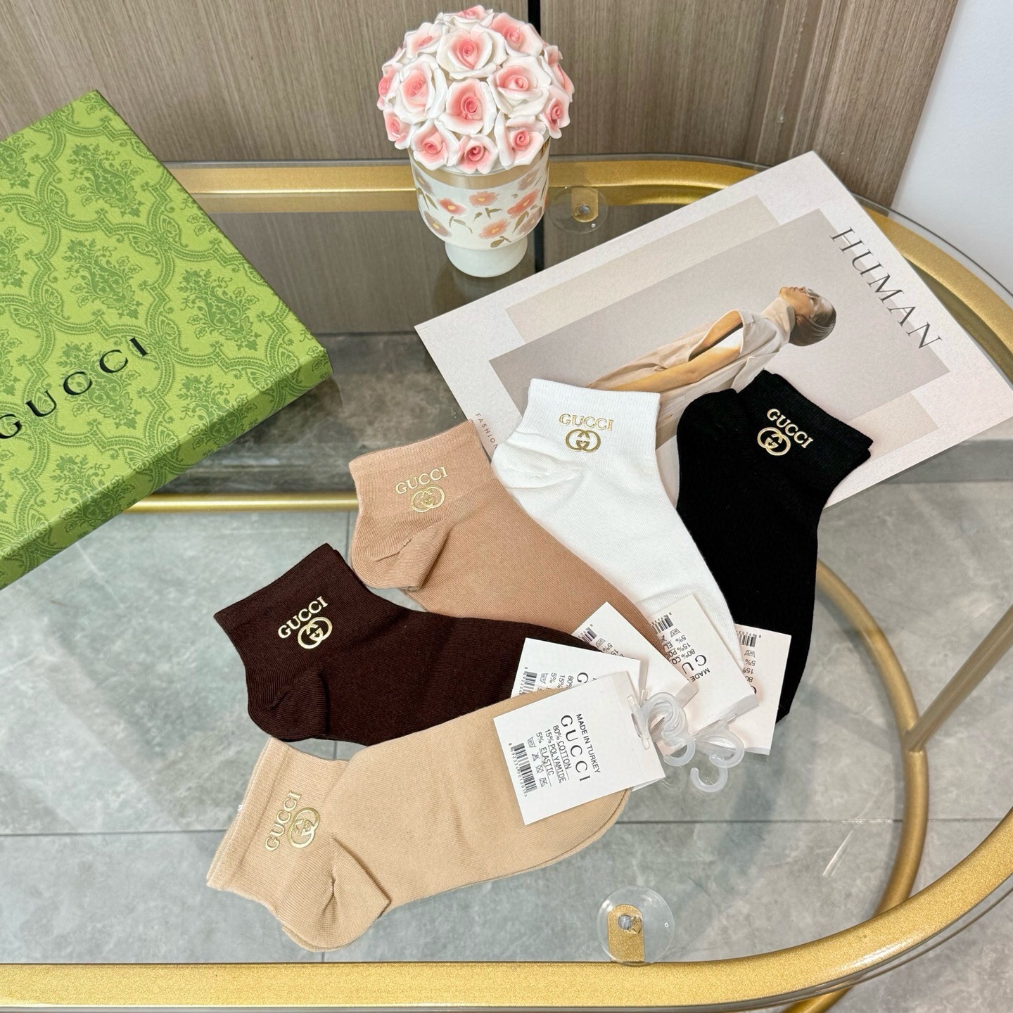 配包装【一盒五双】GUCCI · 古奇❗️GUCCI家新品烫金短筒男女款袜子❗️专柜同步长袜，超级经典的