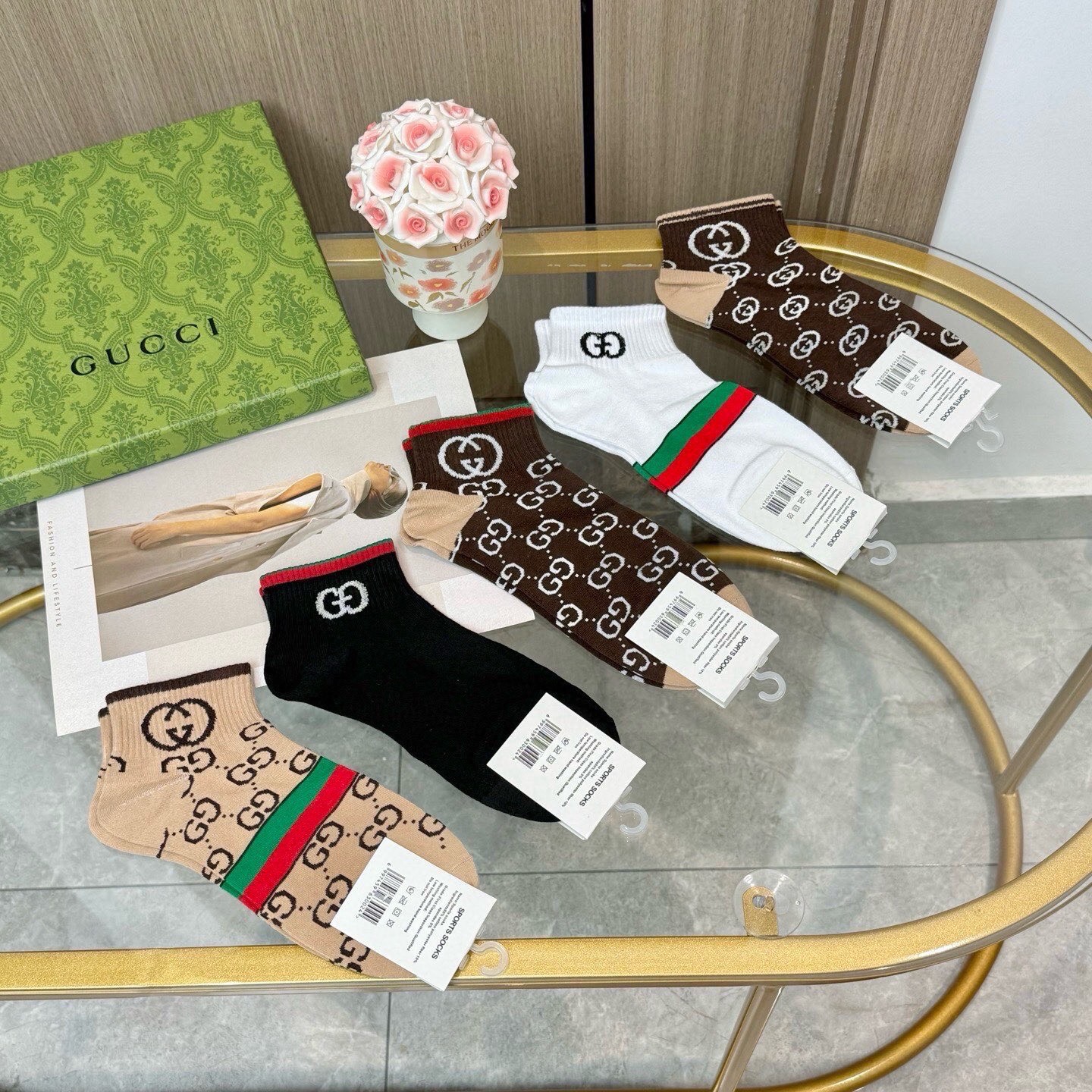 配包装【一盒五双】🌟GUCCI古奇🌟高版本 ～好看到爆炸 欧美大牌男女款船袜🔥🌟潮人必不能少的专柜代购品