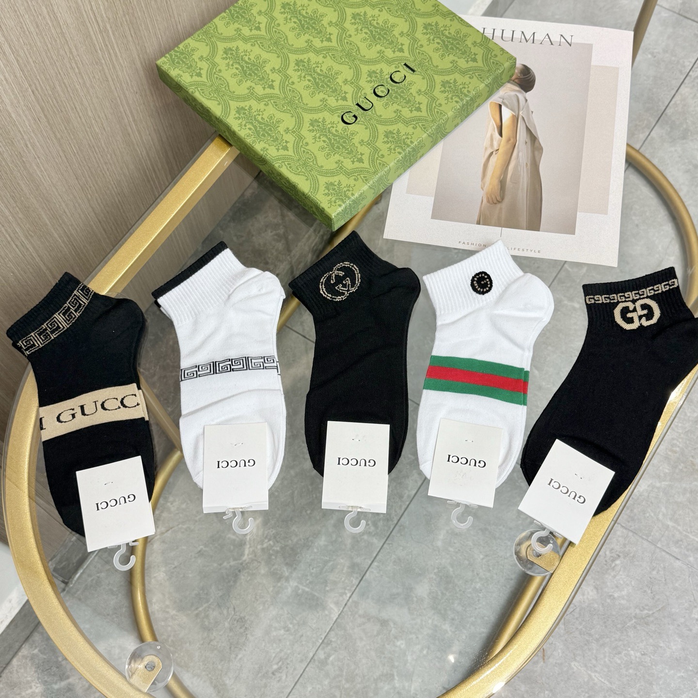 配包装【一盒五双】🌟GUCCI古奇🌟高版本 ～好看到爆炸 欧美大牌男女款船袜🔥🌟潮人必不能少的专柜代购品