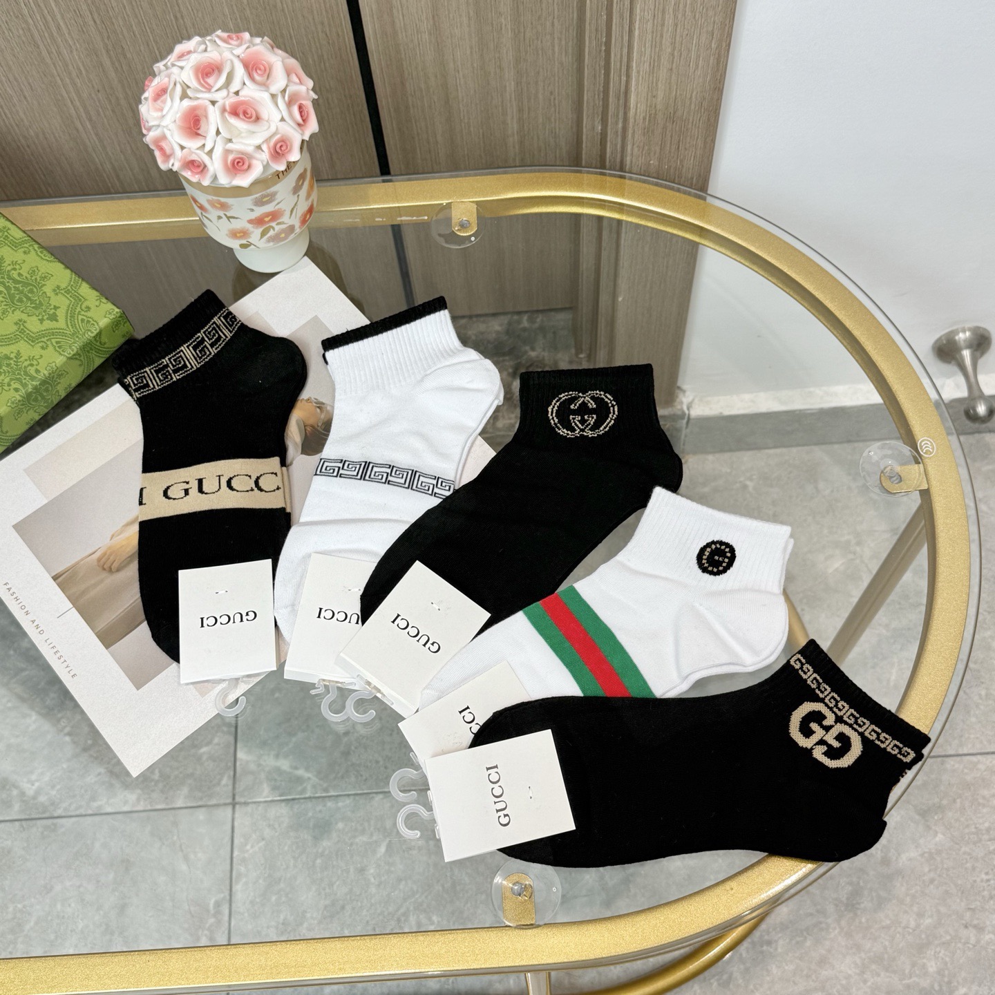 配包装【一盒五双】🌟GUCCI古奇🌟高版本 ～好看到爆炸 欧美大牌男女款船袜🔥🌟潮人必不能少的专柜代购品