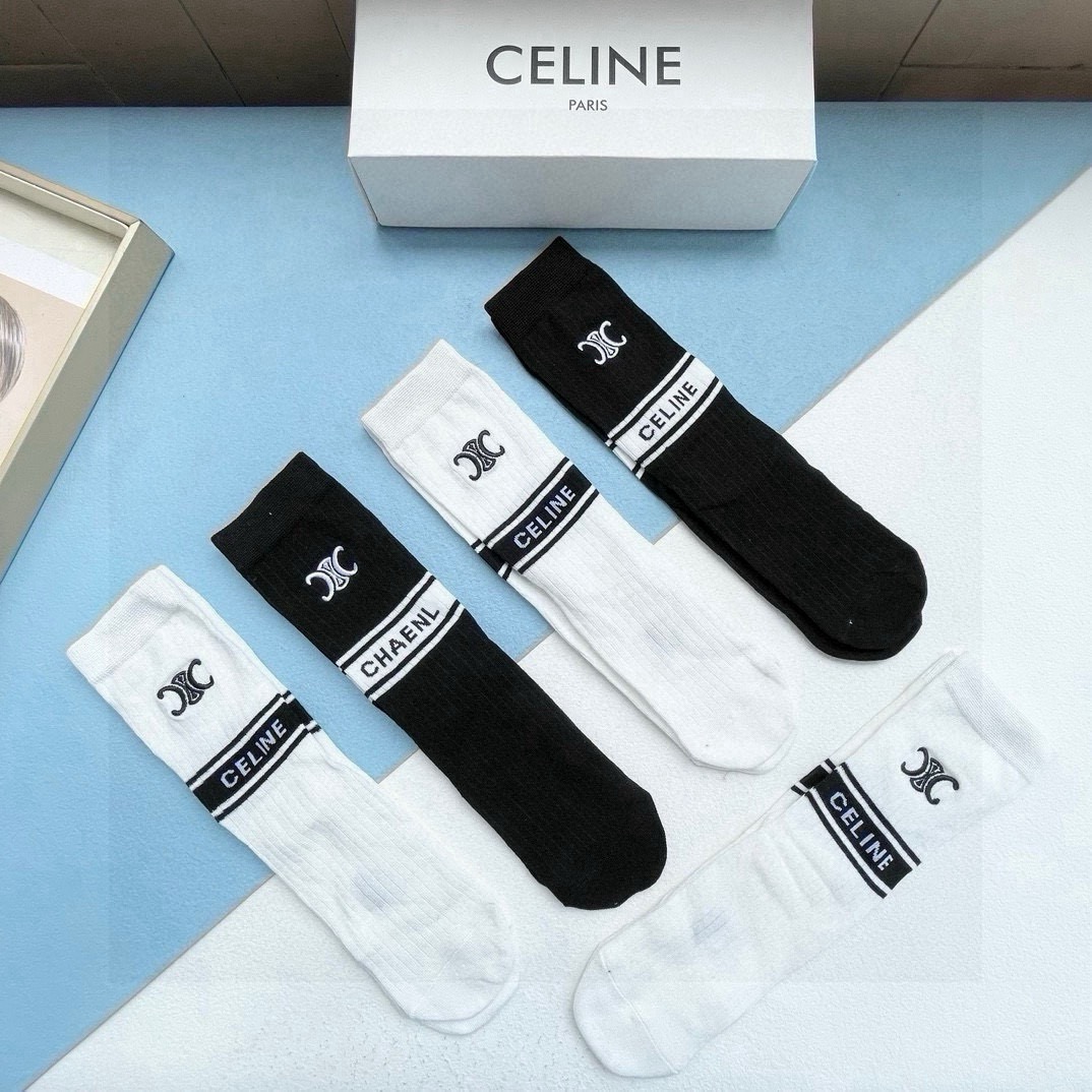 配包装【一盒五双】CELINE · 赛琳❗️高品质。超级爆款网红直筒袜子❗️ce家官网同步刺绣字母中筒袜