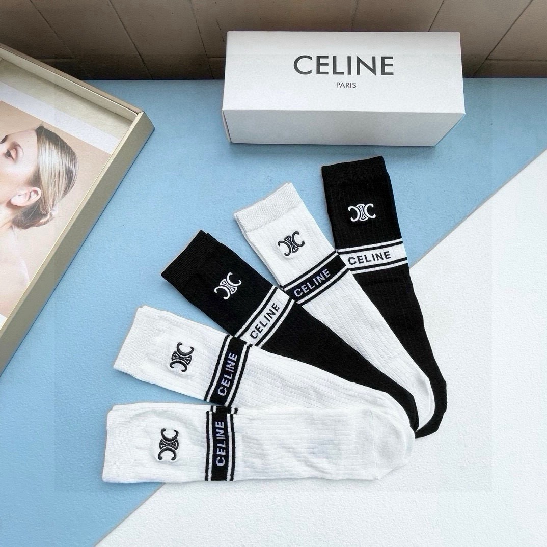 配包装【一盒五双】CELINE · 赛琳❗️高品质。超级爆款网红直筒袜子❗️ce家官网同步刺绣字母中筒袜