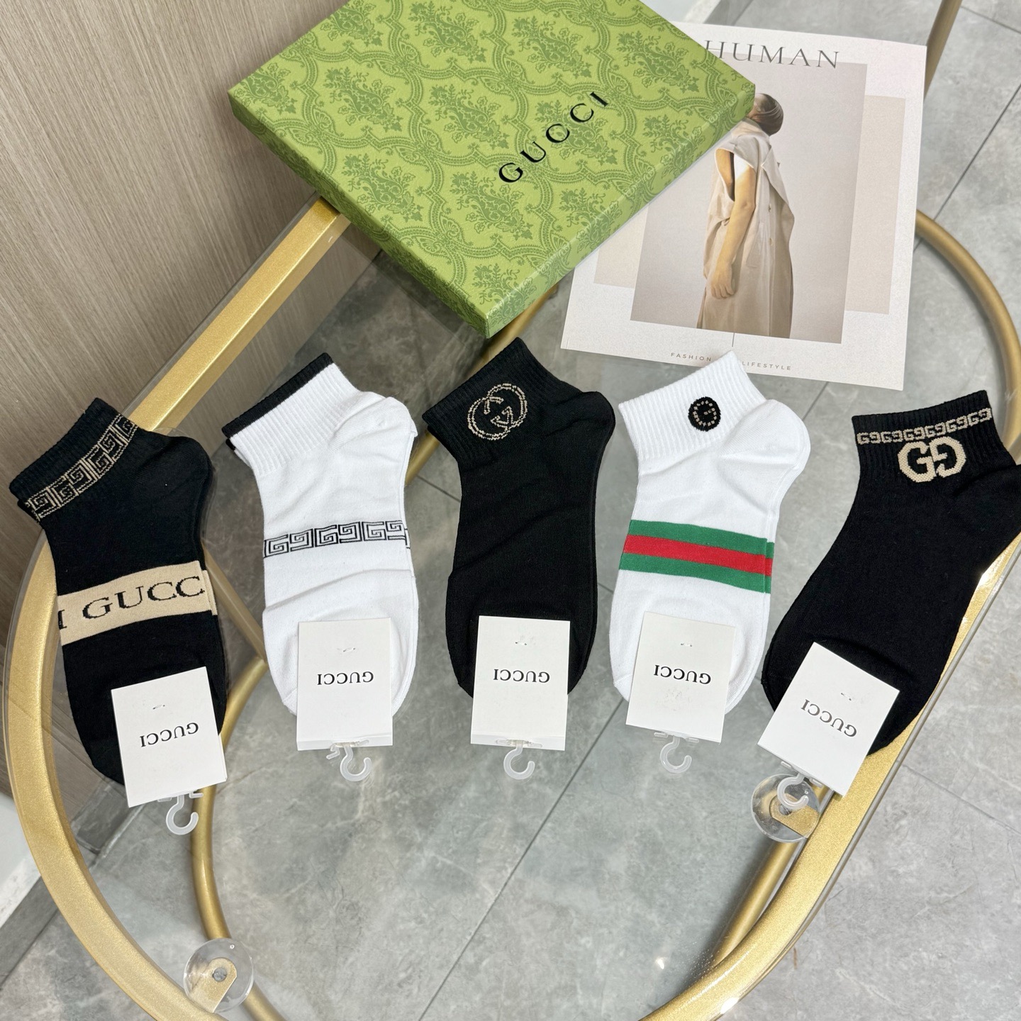 配包装【一盒五双】🌟GUCCI古奇🌟高版本 ～好看到爆炸 欧美大牌男女款船袜。🌟潮人必不能少的专柜代购品