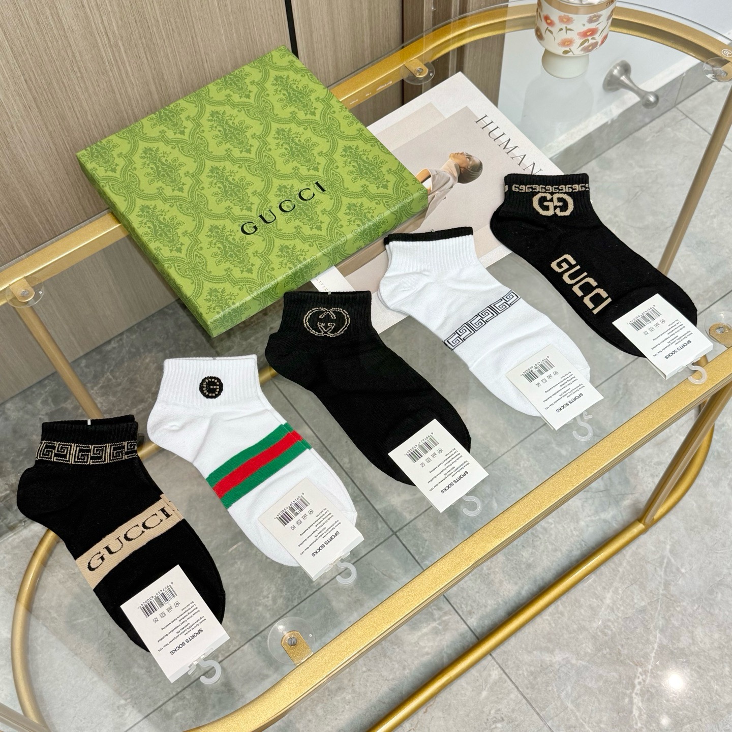 配包装【一盒五双】🌟GUCCI古奇🌟高版本 ～好看到爆炸 欧美大牌男女款船袜。🌟潮人必不能少的专柜代购品