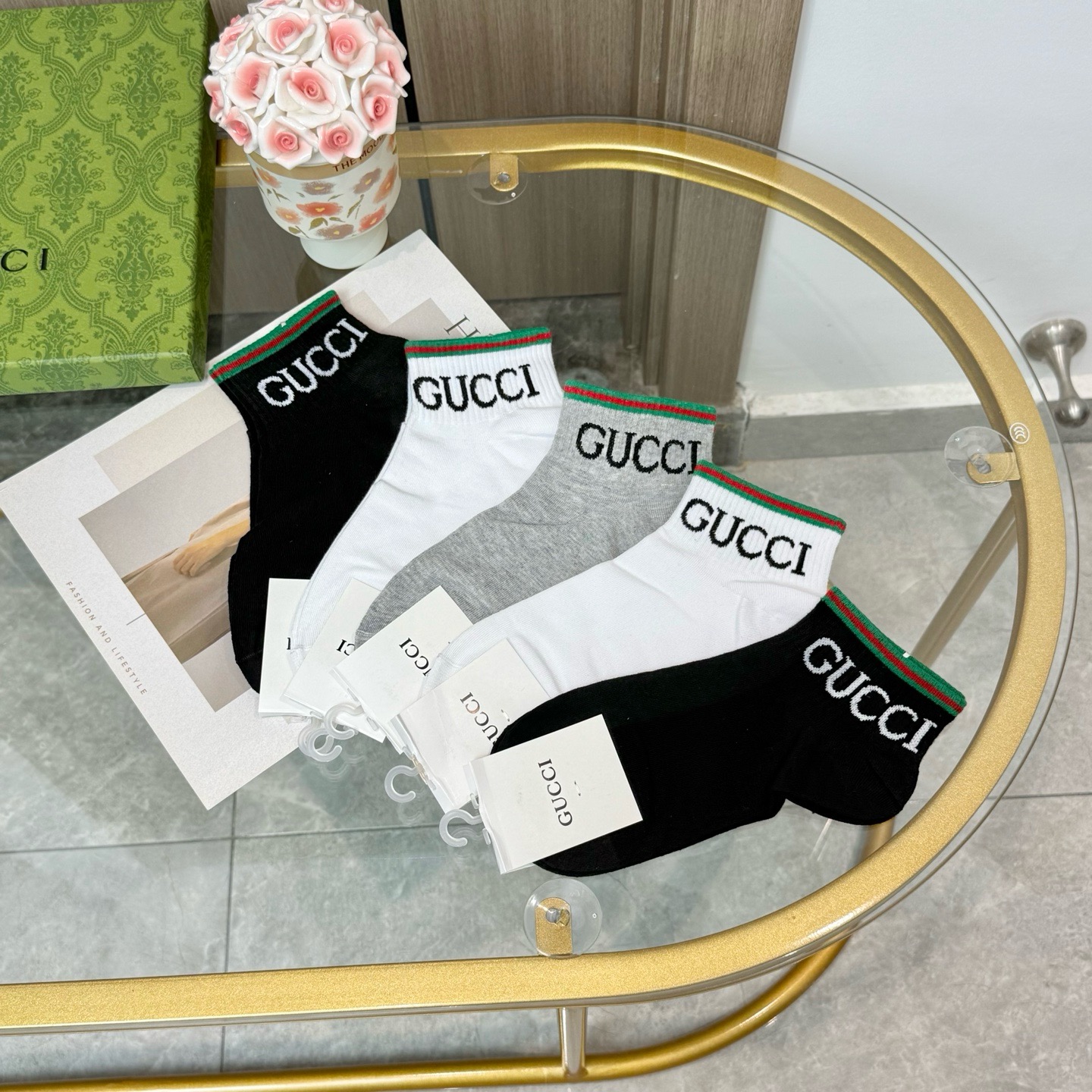 配包装【一盒五双】🌟Gucci 古奇 好看到爆炸欧美大牌短筒袜。🌟潮人必不能少的专柜代购品质 短筒袜子 