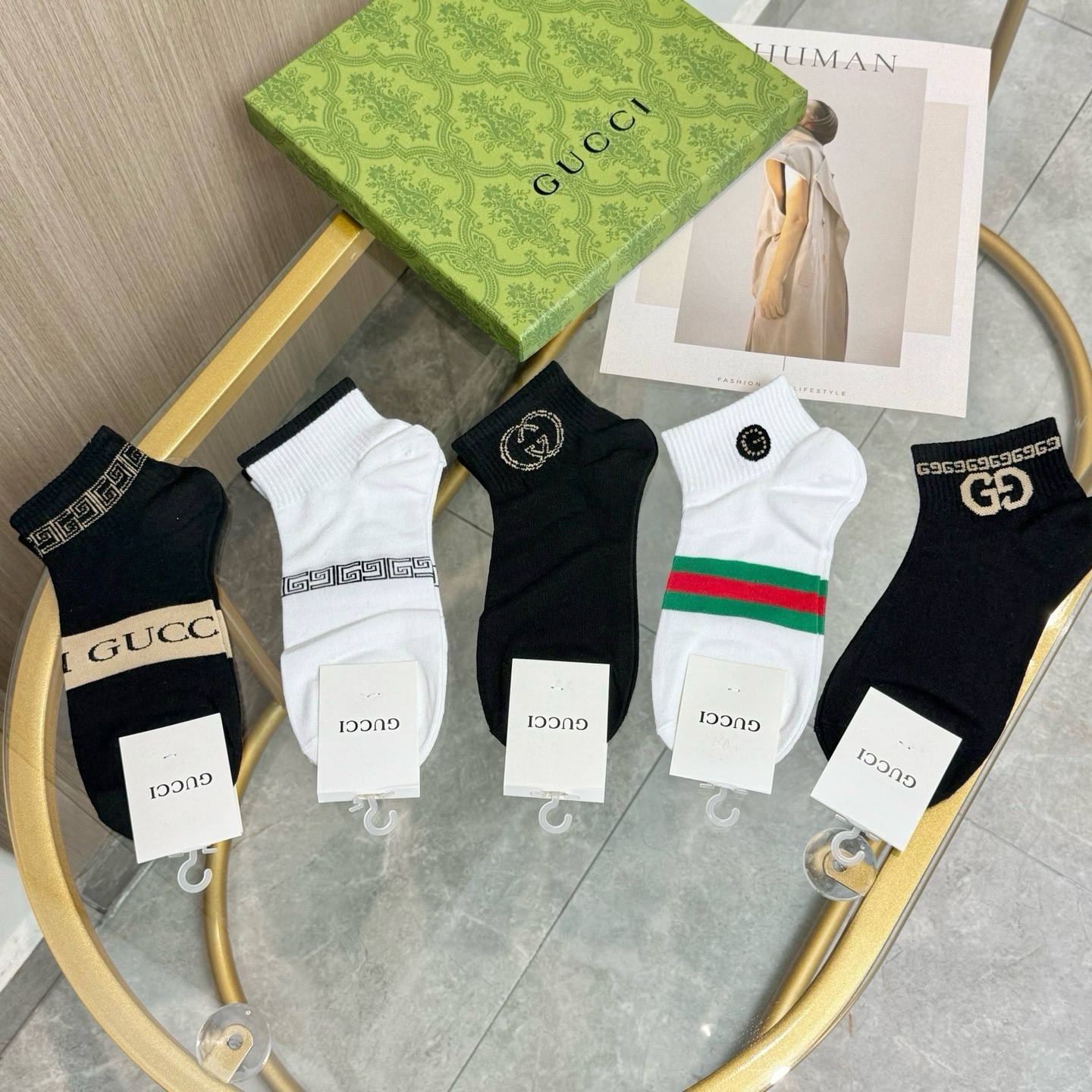 配包装【一盒五双】🌟GUCCI古奇🌟高版本 ～好看到爆炸 欧美大牌男女款船袜。🌟潮人必不能少的专柜代购品