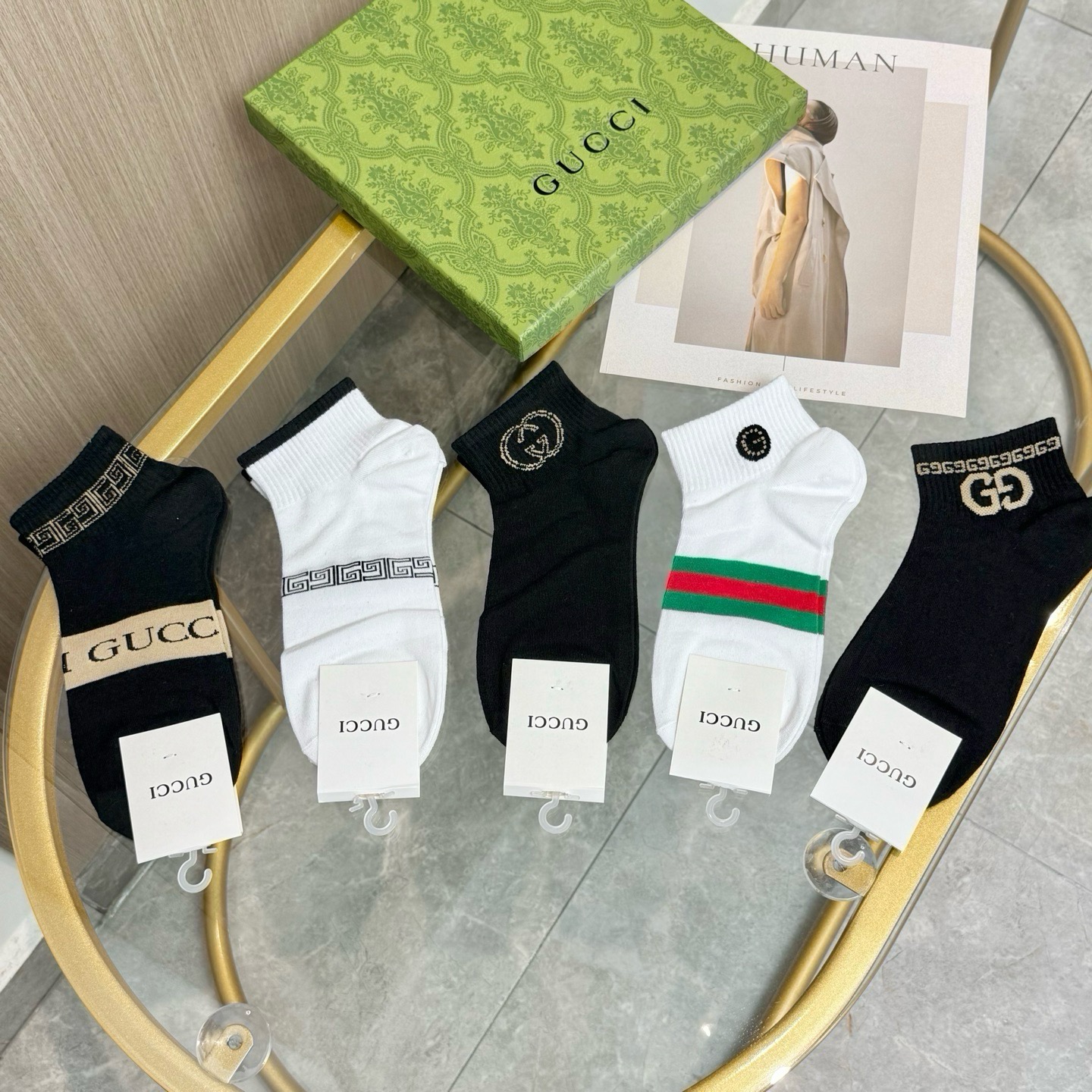 配包装【一盒五双】🌟GUCCI古奇🌟高版本 ～好看到爆炸 欧美大牌男女款船袜。🌟潮人必不能少的专柜代购品质 袜子 ，搭配