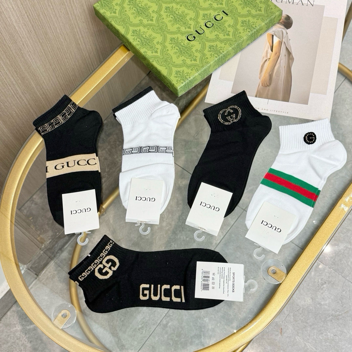 配包装【一盒五双】🌟GUCCI古奇🌟高版本 ～好看到爆炸 欧美大牌男女款船袜。🌟潮人必不能少的专柜代购品质 袜子 ，搭配