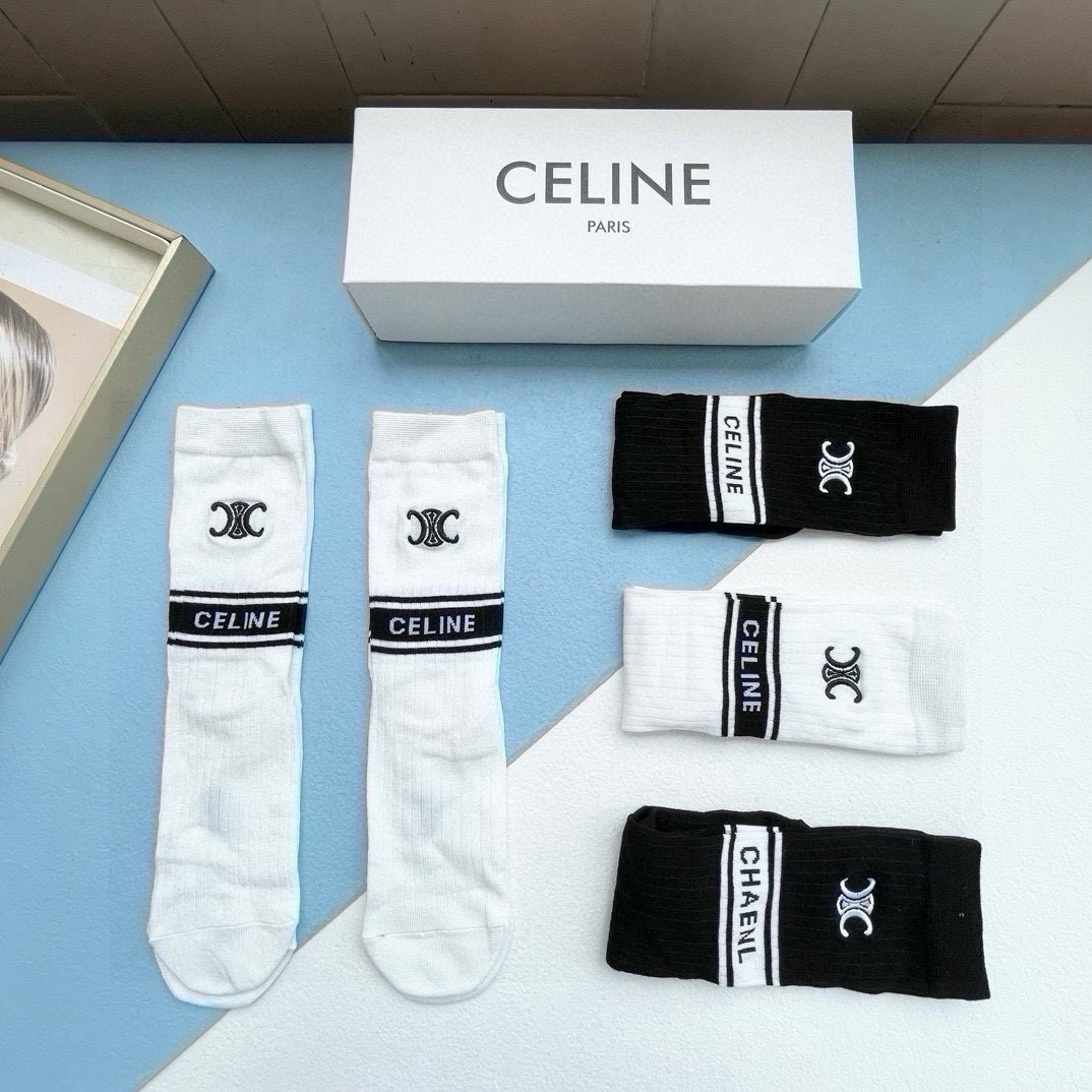 配包装【一盒五双】CELINE · 赛琳❗️高品质。超级爆款网红直筒袜子❗️ce家官网同步刺绣字母中筒袜，ins明星网红
