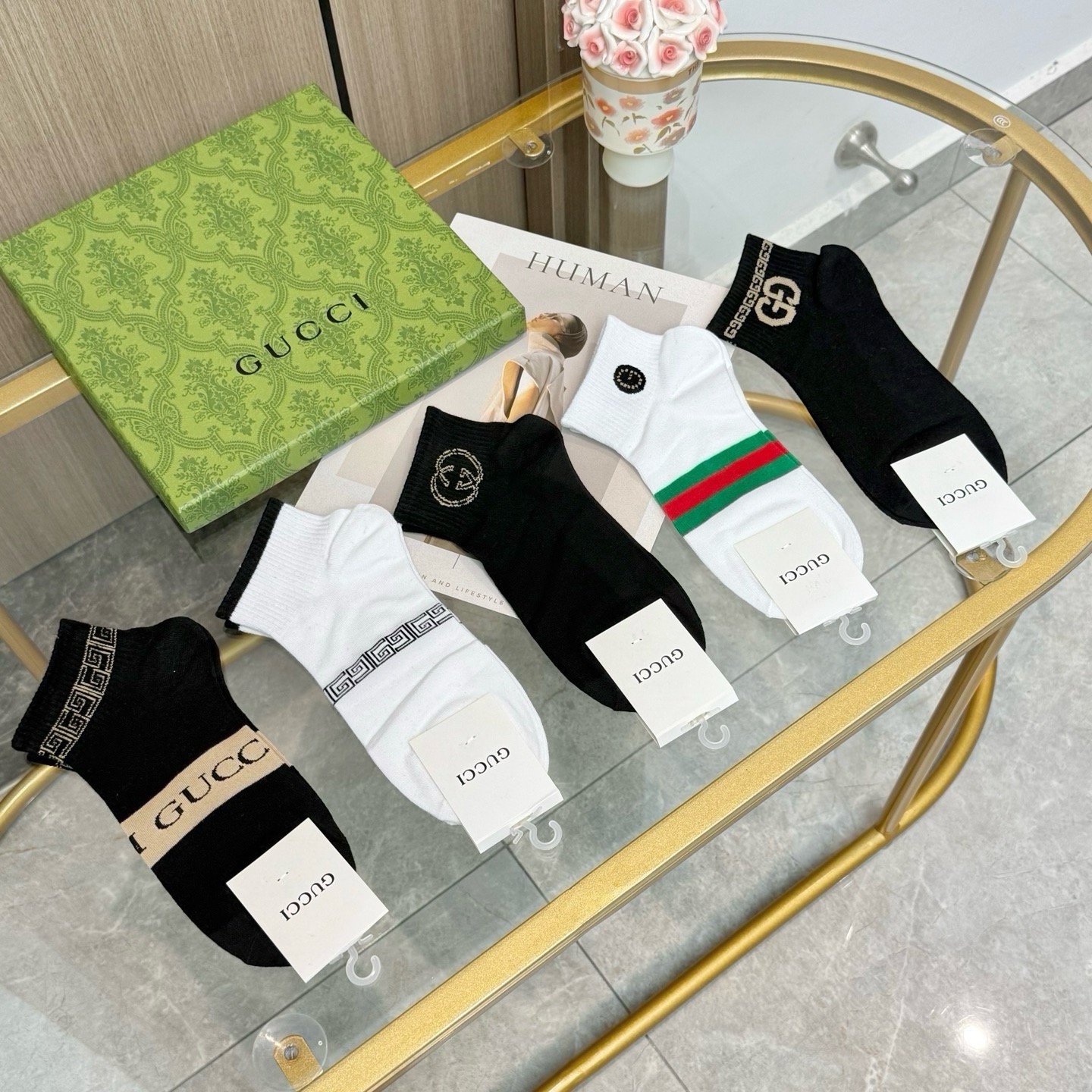 配包装【一盒五双】🌟GUCCI古奇🌟高版本 ～好看到爆炸 欧美大牌男女款船袜。🌟潮人必不能少的专柜代购品质 袜子 ，搭配